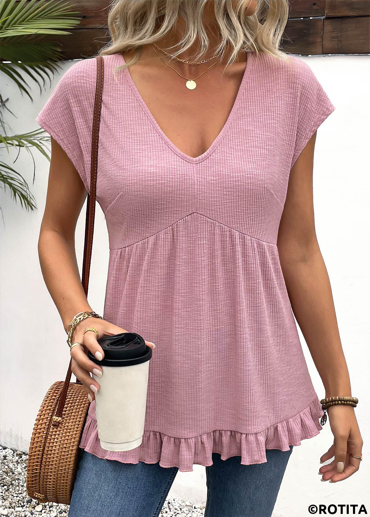 Pink tops,Plain Color tops,ROTITA Light Purple V Neck Short Sleeve T Shirt