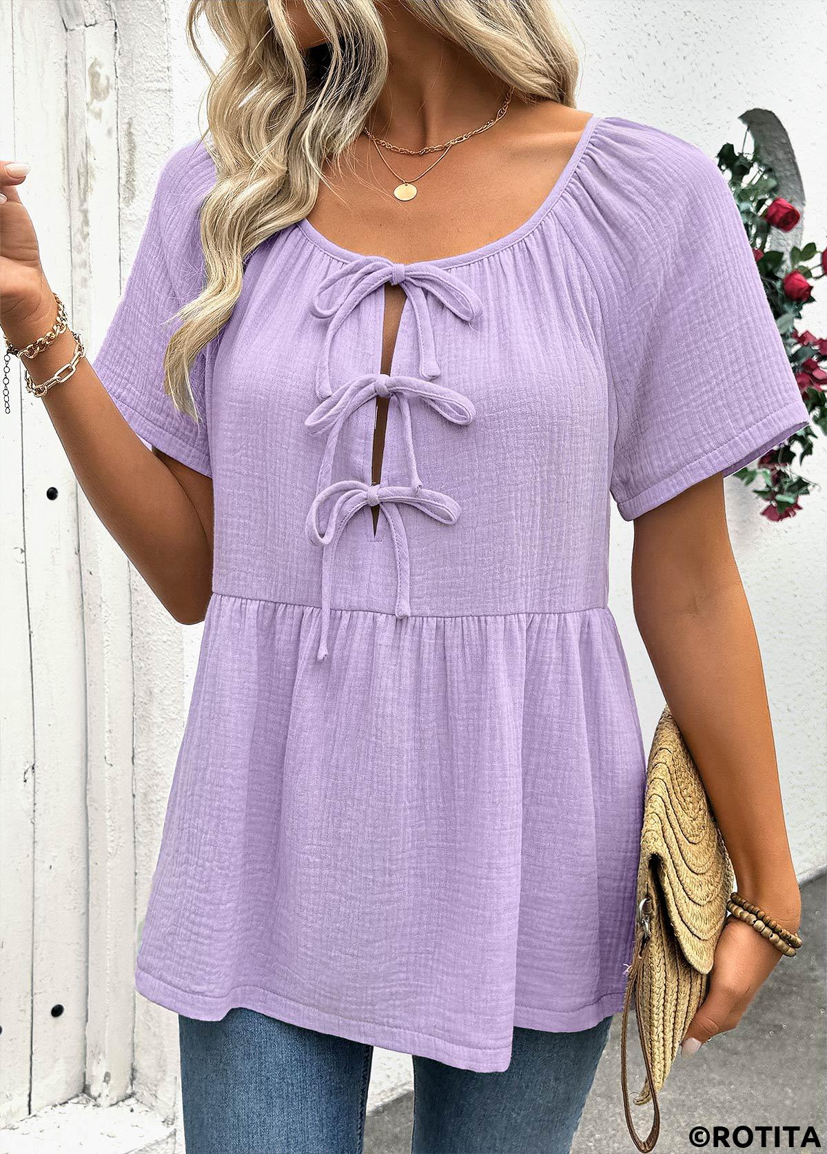 Rotita – Hellviolette Bluse mit Rundhalsausschnitt und kurzen Ärmeln