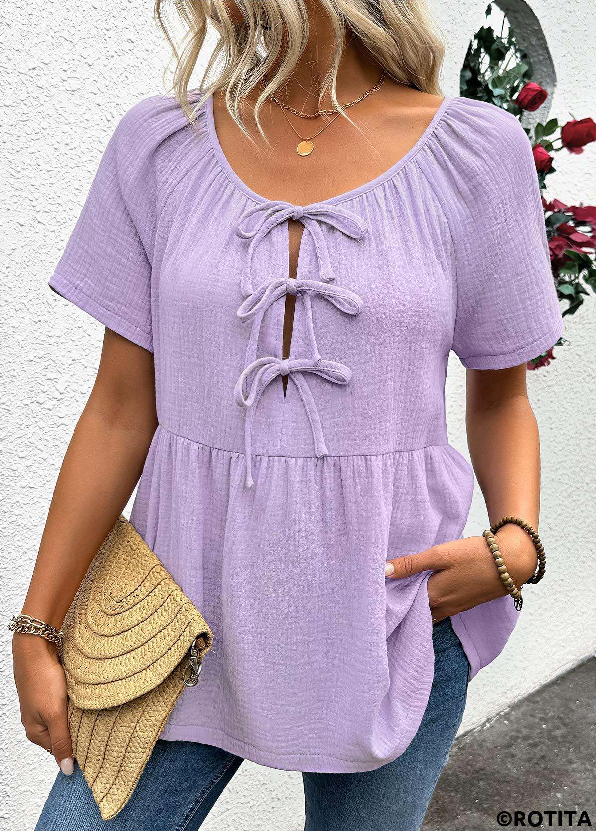 Rotita – Hellviolette Bluse mit Rundhalsausschnitt und kurzen Ärmeln