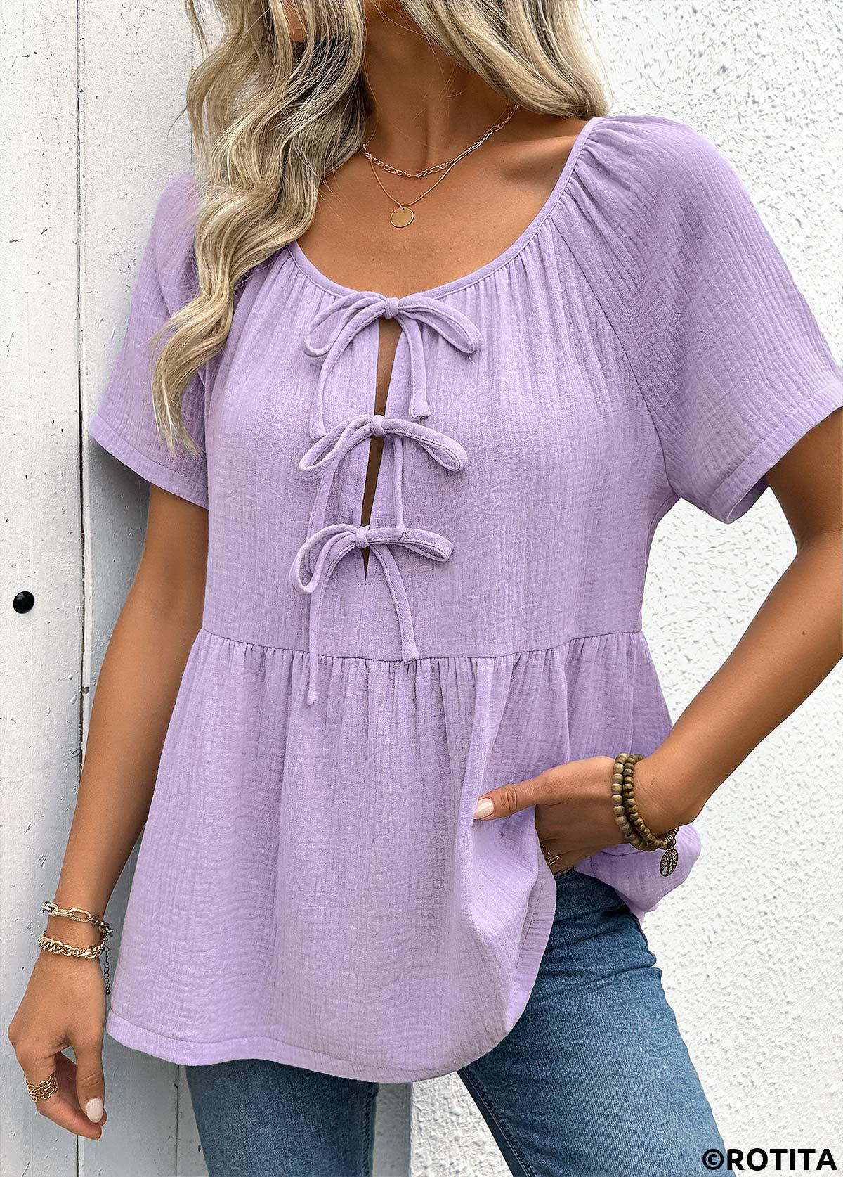 Rotita – Hellviolette Bluse mit Rundhalsausschnitt und kurzen Ärmeln