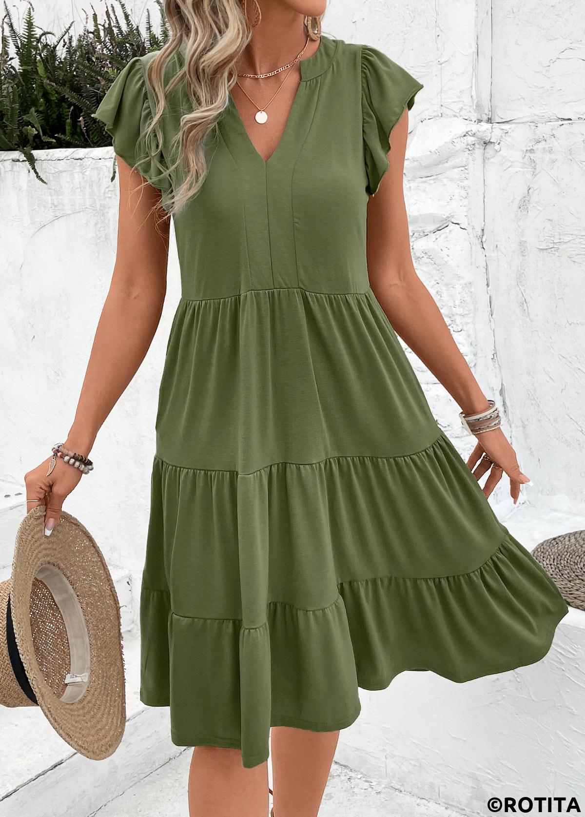 Olive Green dresses,Plain Color dresses,Everyday dresses,Casual dresses,ROTITA Split Olive Green Short Sleeve Dress