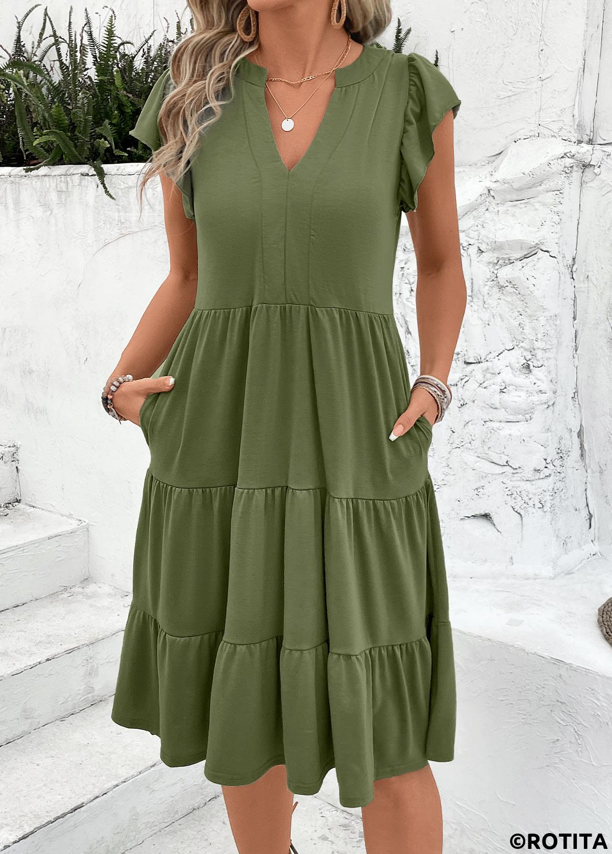 Olive Green dresses,Plain Color dresses,Everyday dresses,Casual dresses,ROTITA Split Olive Green Short Sleeve Dress