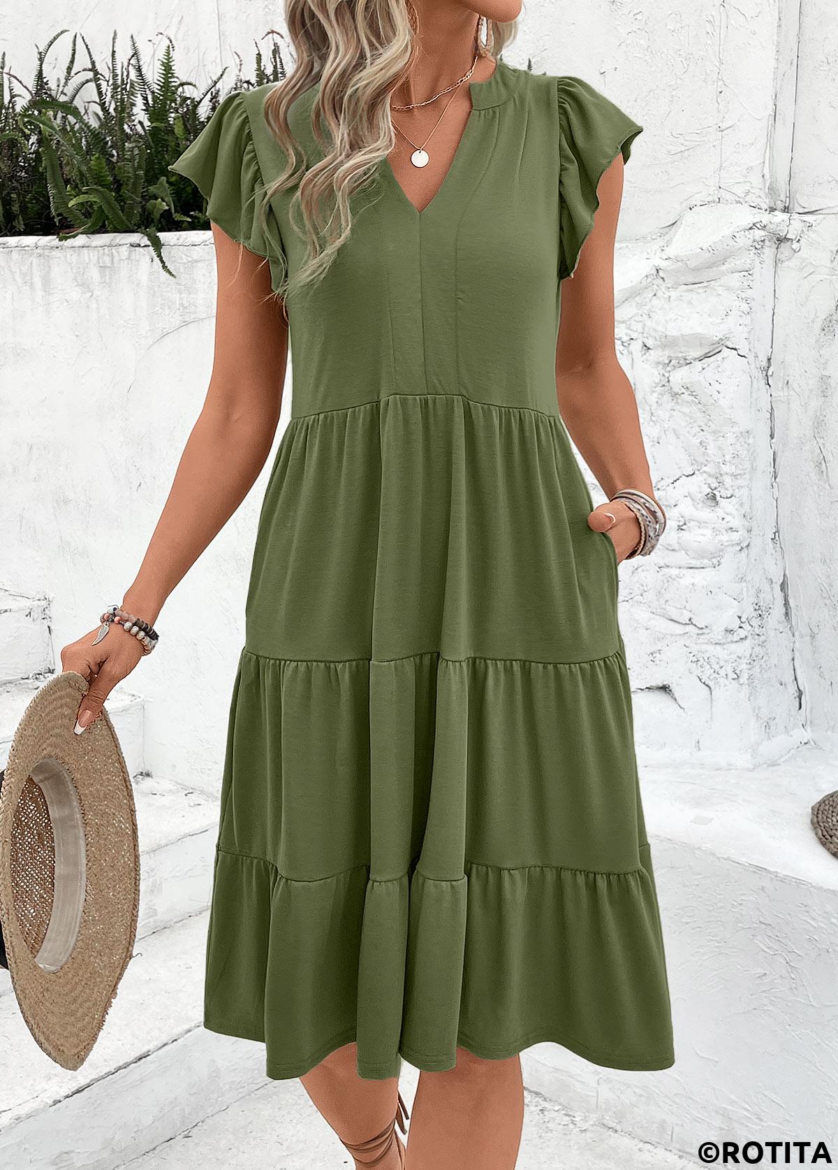 Olive Green dresses,Plain Color dresses,Everyday dresses,Casual dresses,ROTITA Split Olive Green Short Sleeve Dress