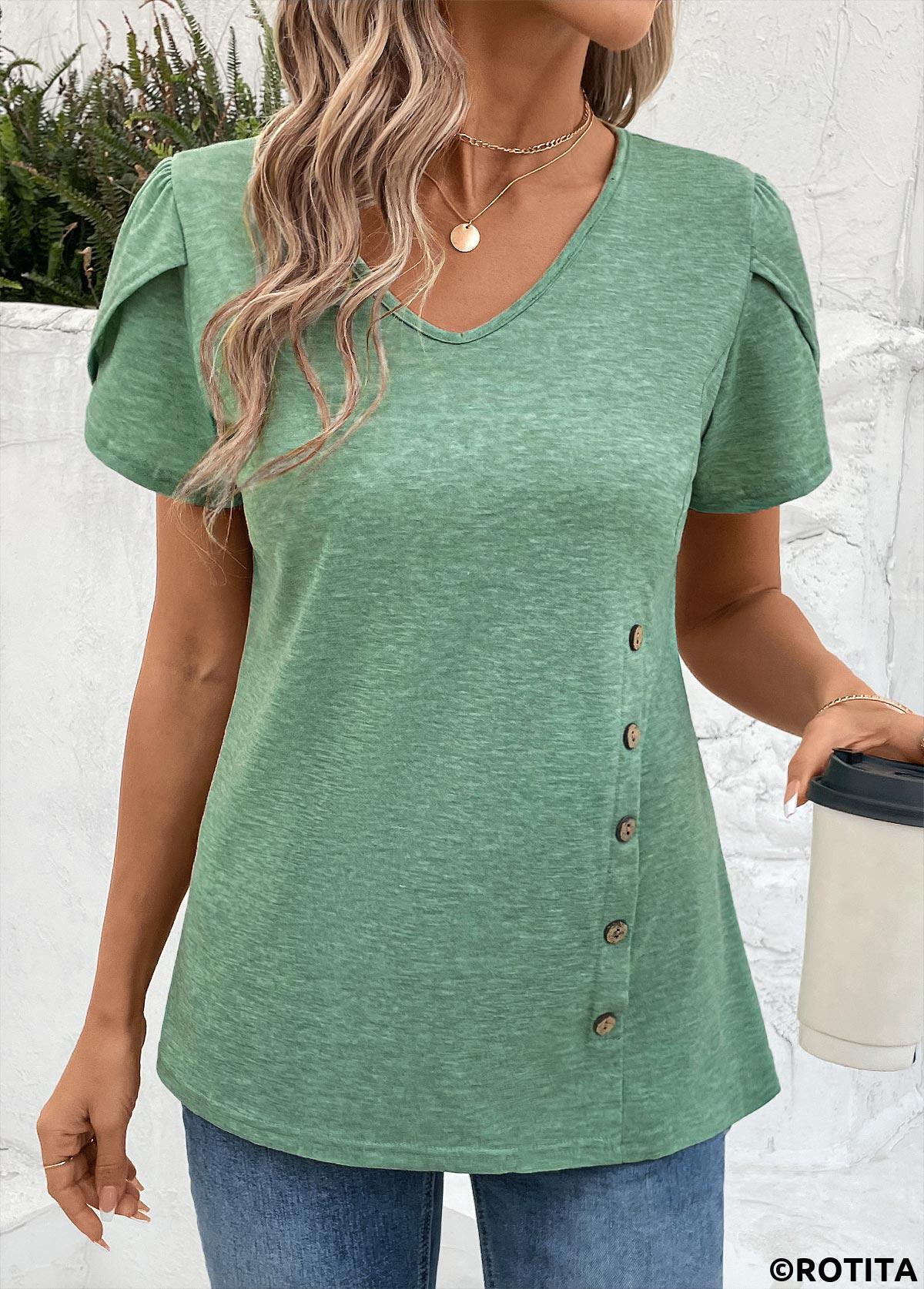 Sage Green tops,Plain Color tops,ROTITA Sage Green V Neck Short Sleeve T Shirt