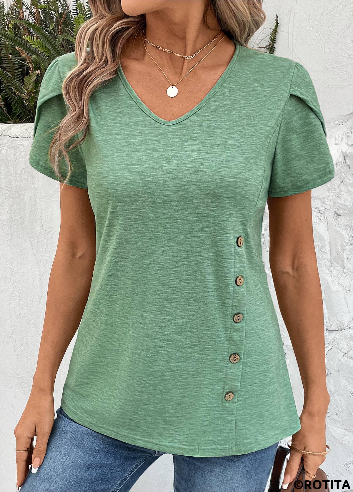 Sage Green tops,Plain Color tops,ROTITA Sage Green V Neck Short Sleeve T Shirt