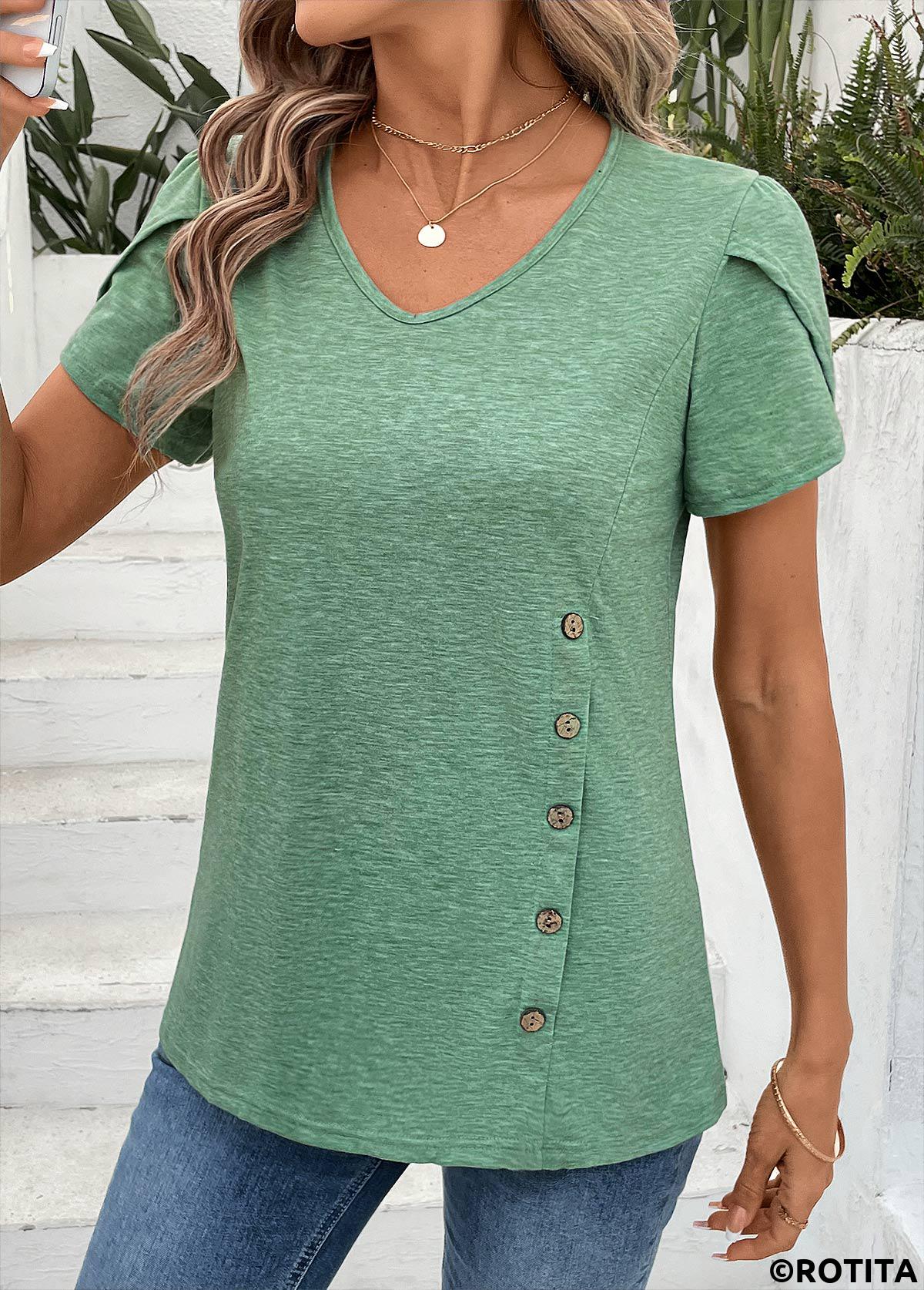 Sage Green tops,Plain Color tops,ROTITA Sage Green V Neck Short Sleeve T Shirt