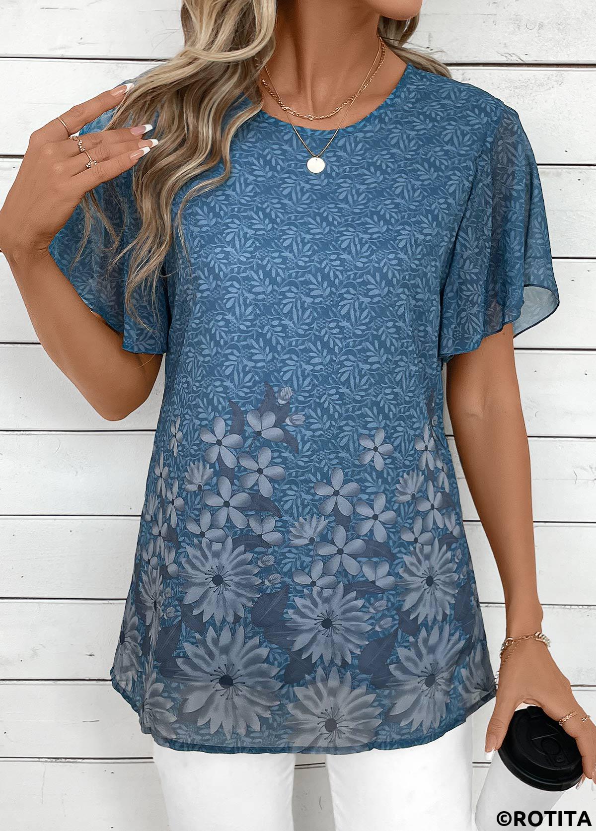 Dusty Blue tops,Floral tops,Plants tops,ROTITA Lightweight Floral Print Dusty Blue Round Neck T Shirt