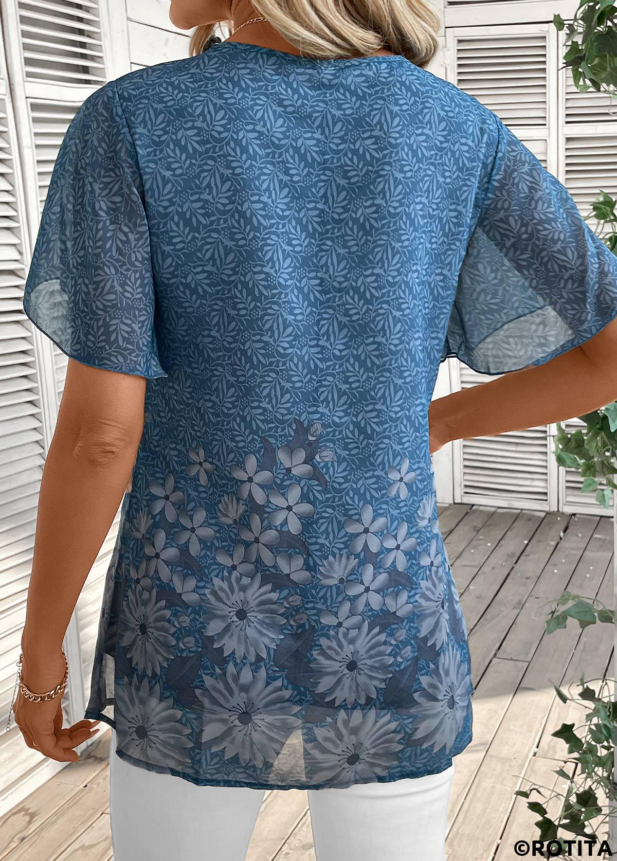 Dusty Blue tops,Floral tops,Plants tops,ROTITA Lightweight Floral Print Dusty Blue Round Neck T Shirt