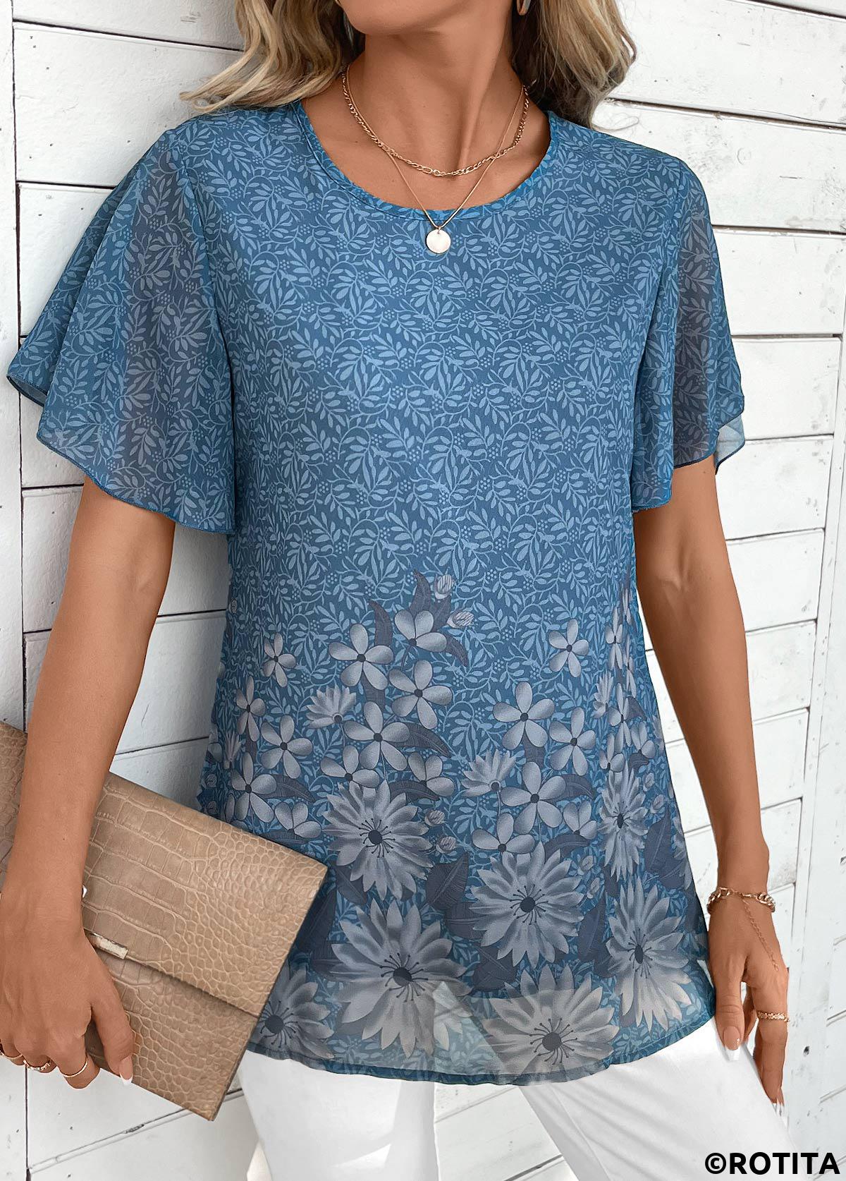 Dusty Blue tops,Floral tops,Plants tops,ROTITA Lightweight Floral Print Dusty Blue Round Neck T Shirt