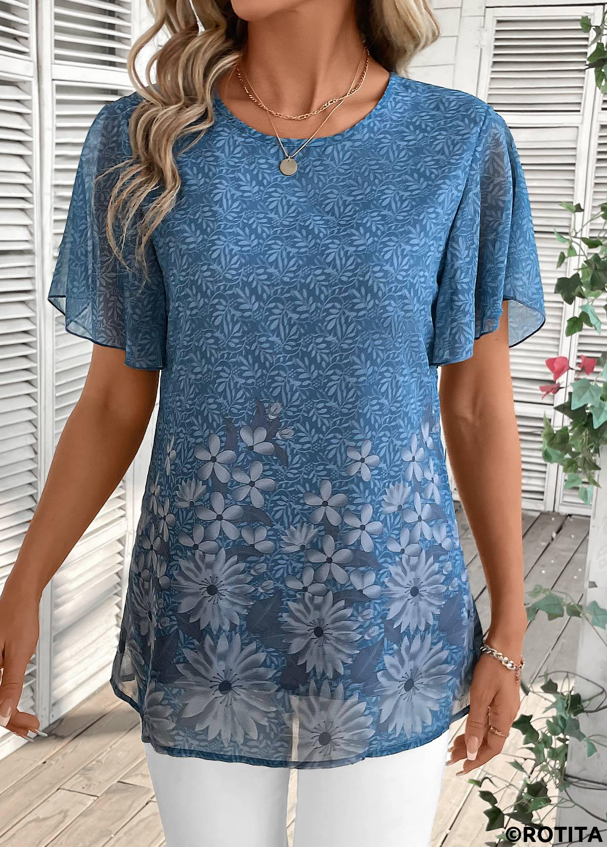 Dusty Blue tops,Floral tops,Plants tops,ROTITA Lightweight Floral Print Dusty Blue Round Neck T Shirt