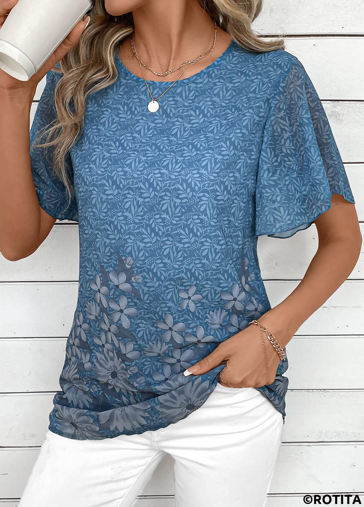 Dusty Blue tops,Floral tops,Plants tops,ROTITA Lightweight Floral Print Dusty Blue Round Neck T Shirt