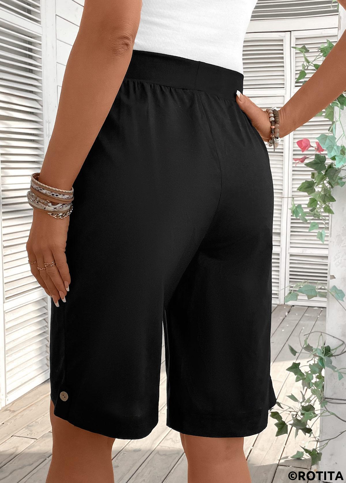 Black bottoms,Plain Color bottoms,Button Black Elastic Waist High Waisted Shorts