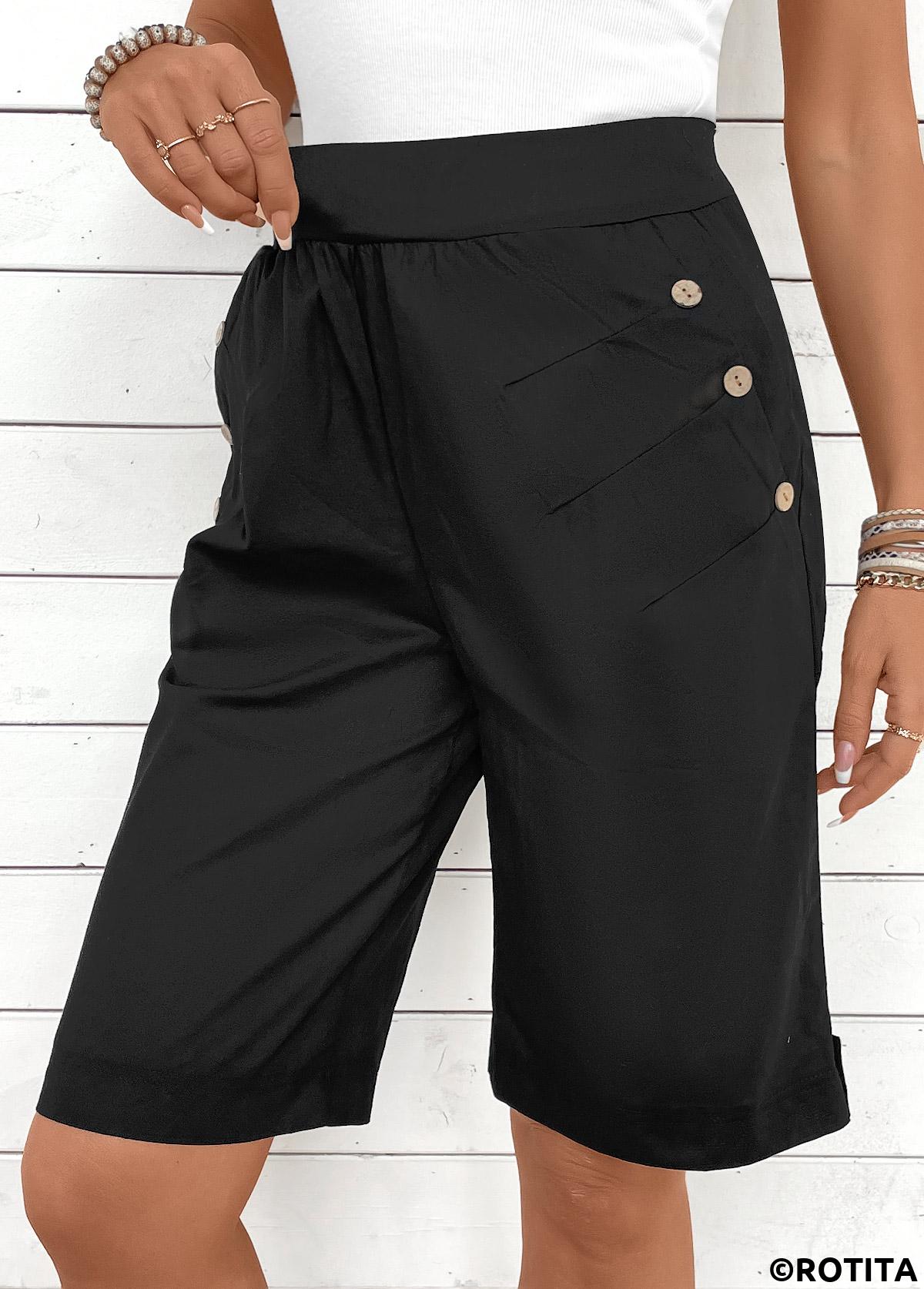Black bottoms,Plain Color bottoms,Button Black Elastic Waist High Waisted Shorts