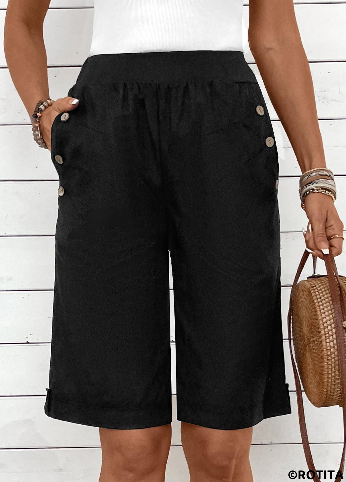 Black bottoms,Plain Color bottoms,Button Black Elastic Waist High Waisted Shorts