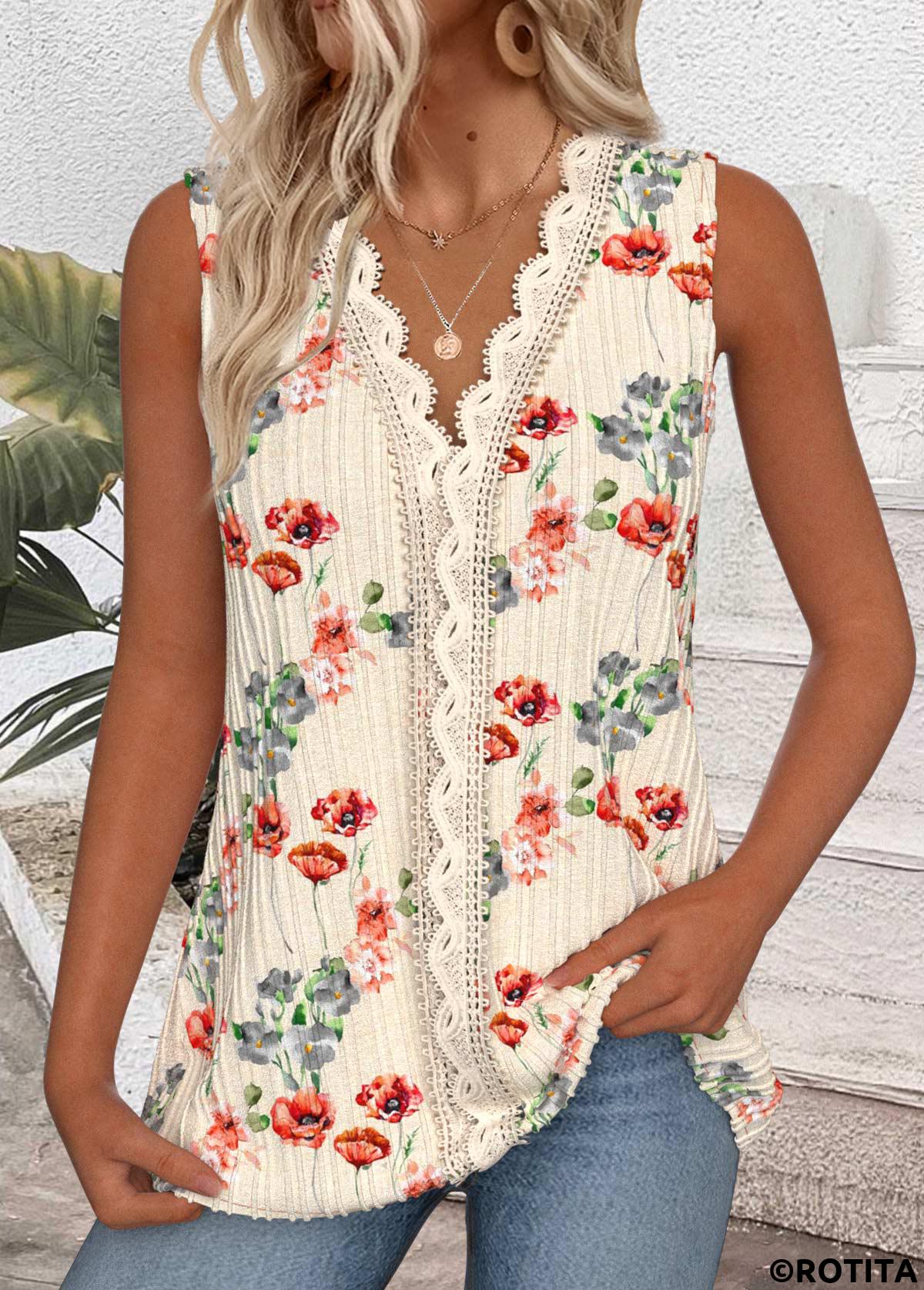 Beige tops,Floral tops,Plants tops,ROTITA Embroidery Floral Print Beige V Neck Sleeveless Tank Top