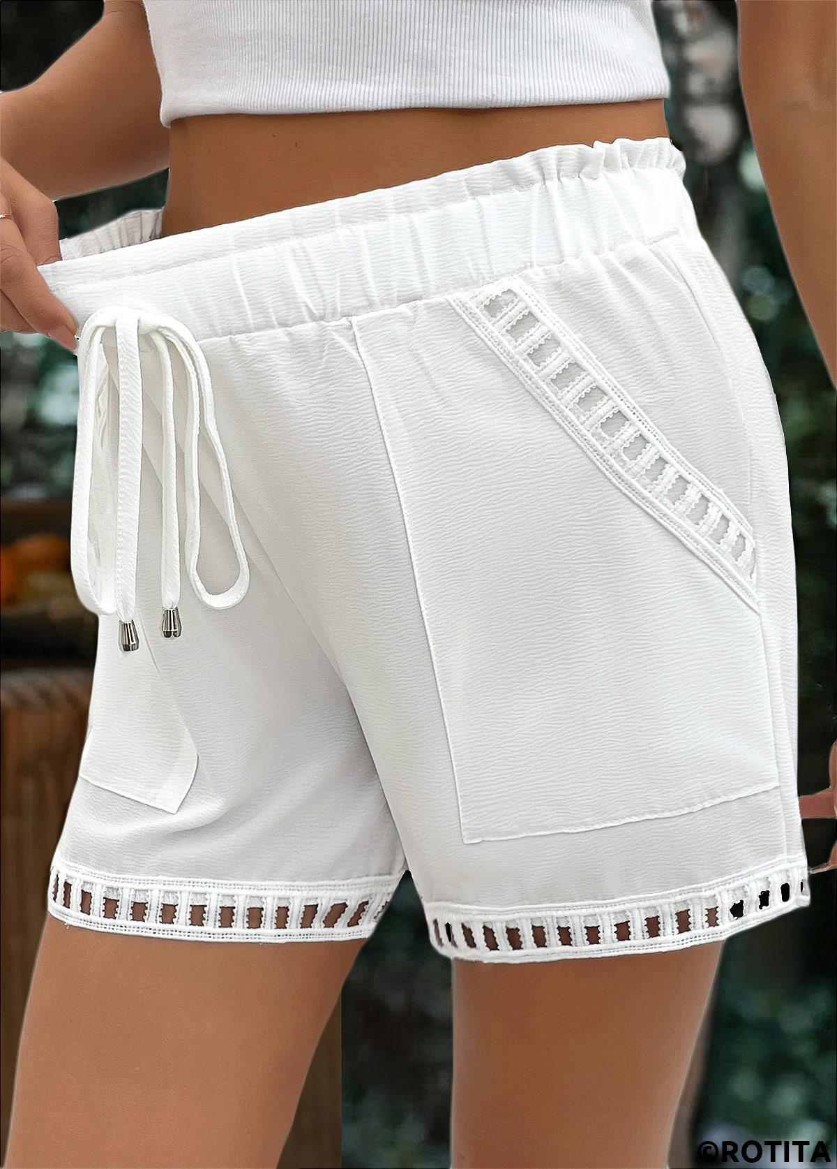 White bottoms,Plain Color bottoms,Drawstring White Elastic Waist High Waisted Shorts