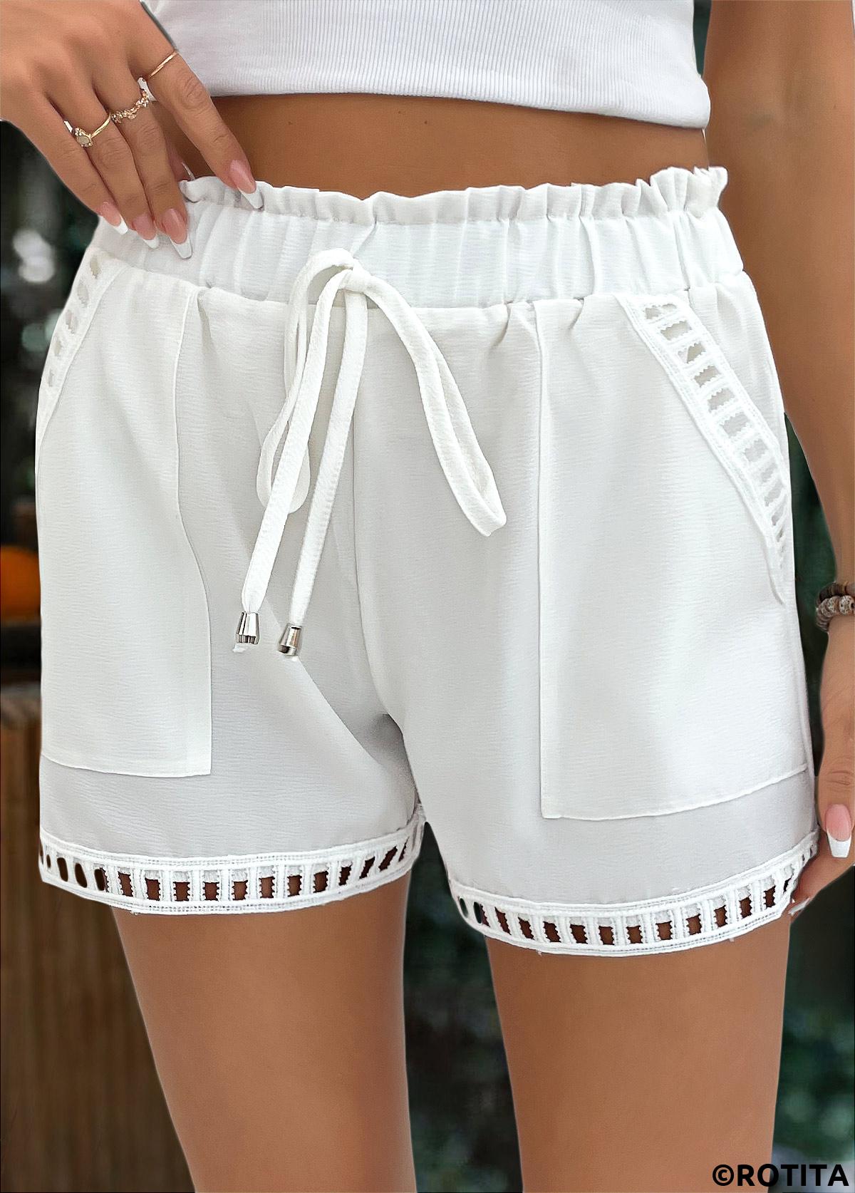 White bottoms,Plain Color bottoms,Drawstring White Elastic Waist High Waisted Shorts