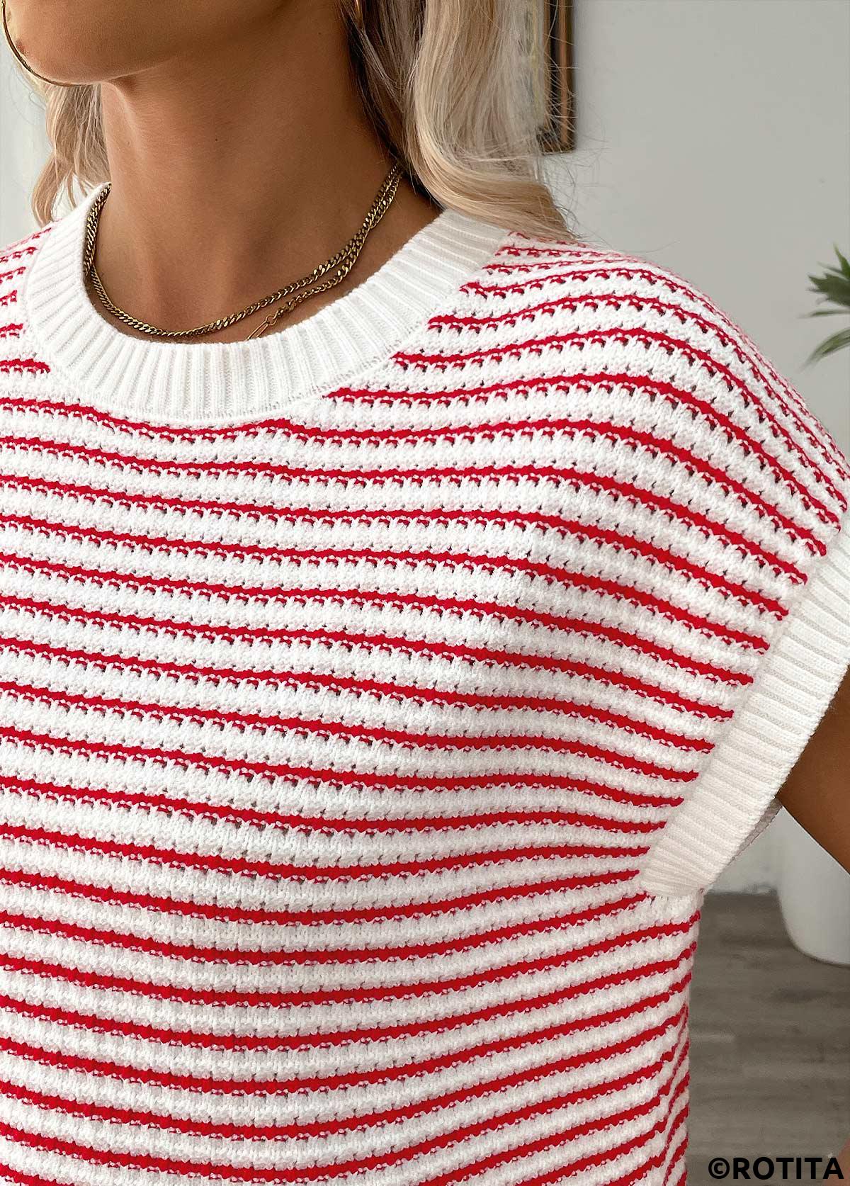 Red tops,Contrast Color tops,Red Round Neck Short Sleeve T Shirt