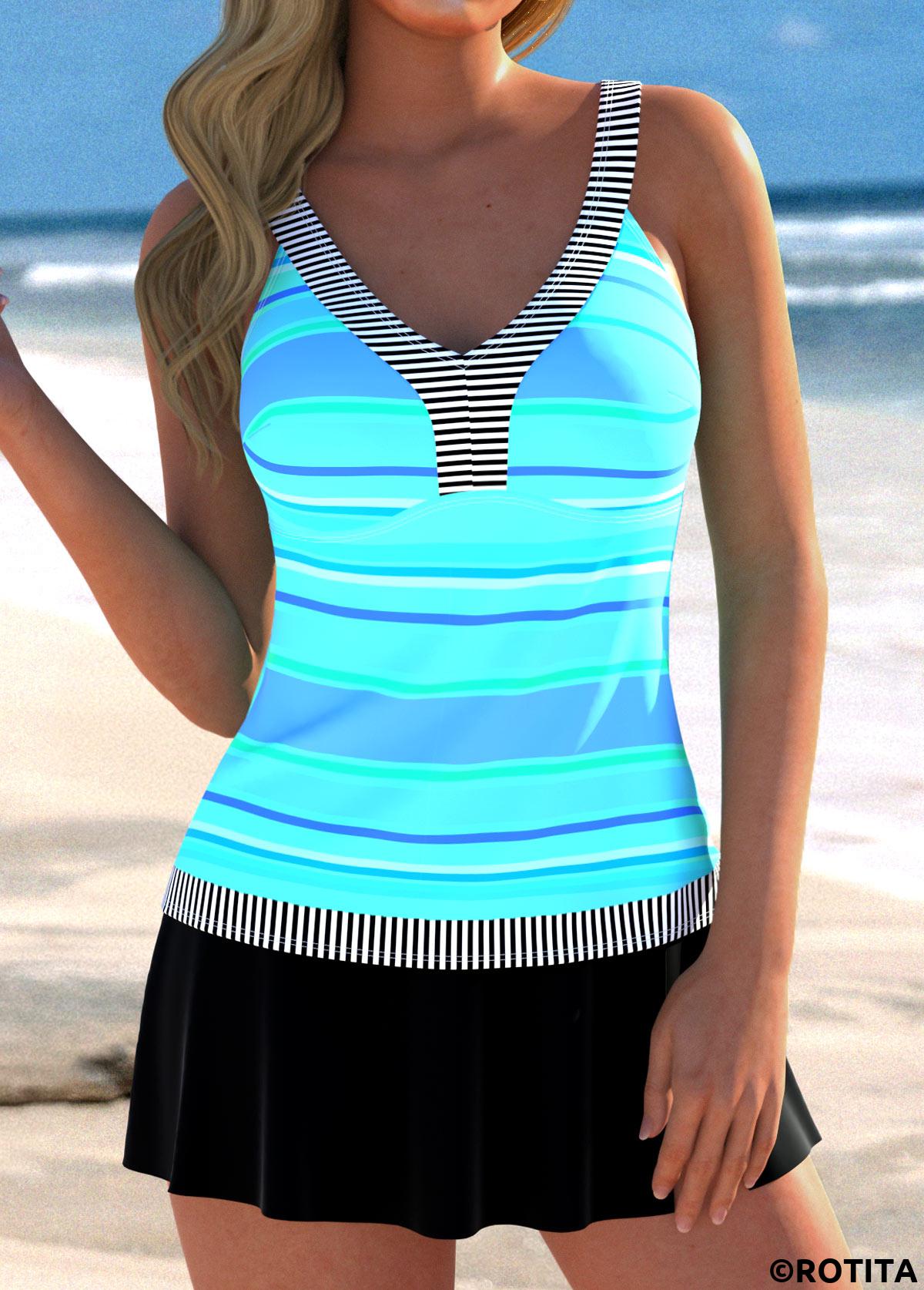 Cyan swimwear,Striped swimwear,Geometric swimwear,ROTITA Patchwork Cyan V Neck Striped Tankini Top