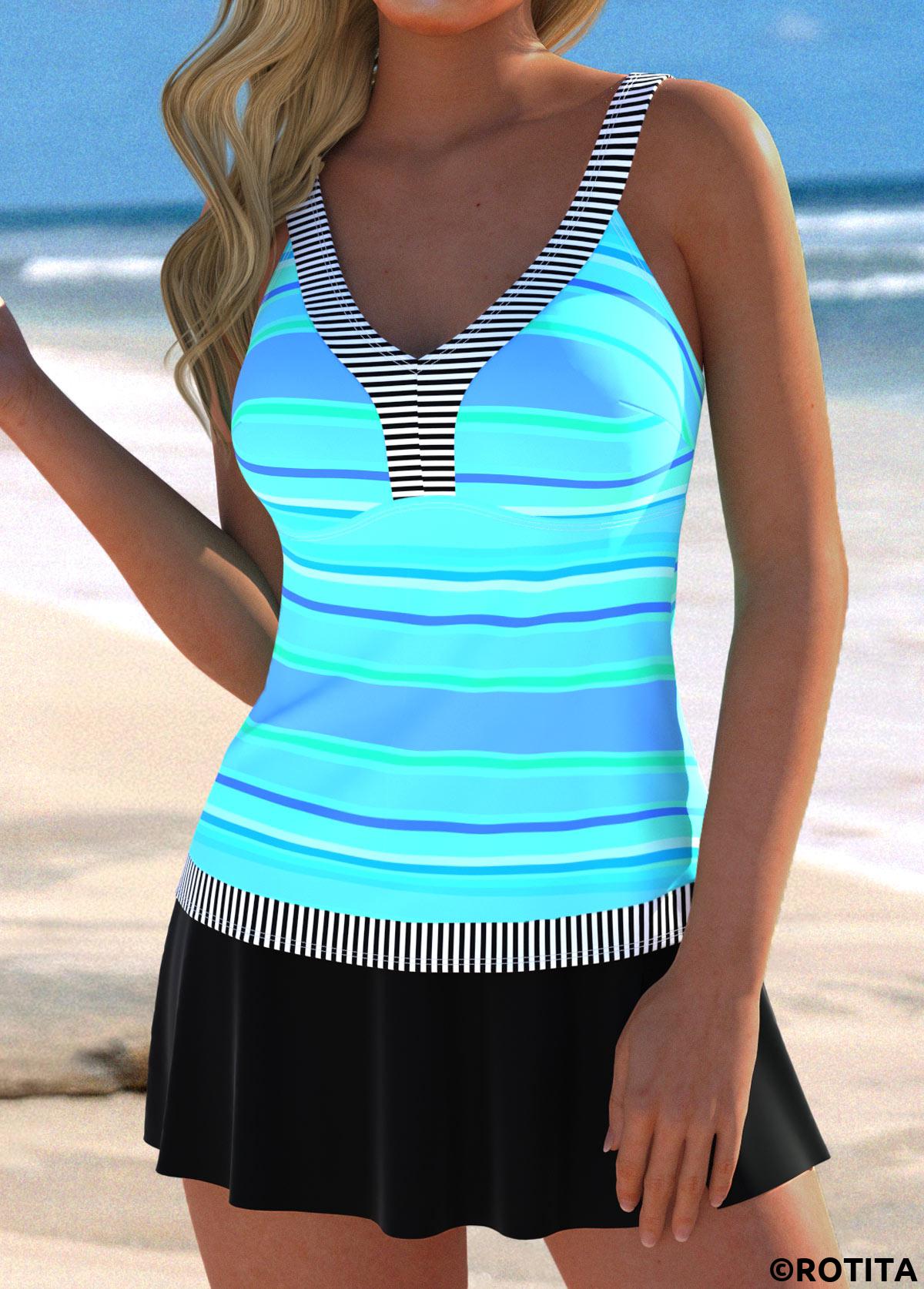Cyan swimwear,Striped swimwear,Geometric swimwear,ROTITA Patchwork Cyan V Neck Striped Tankini Top