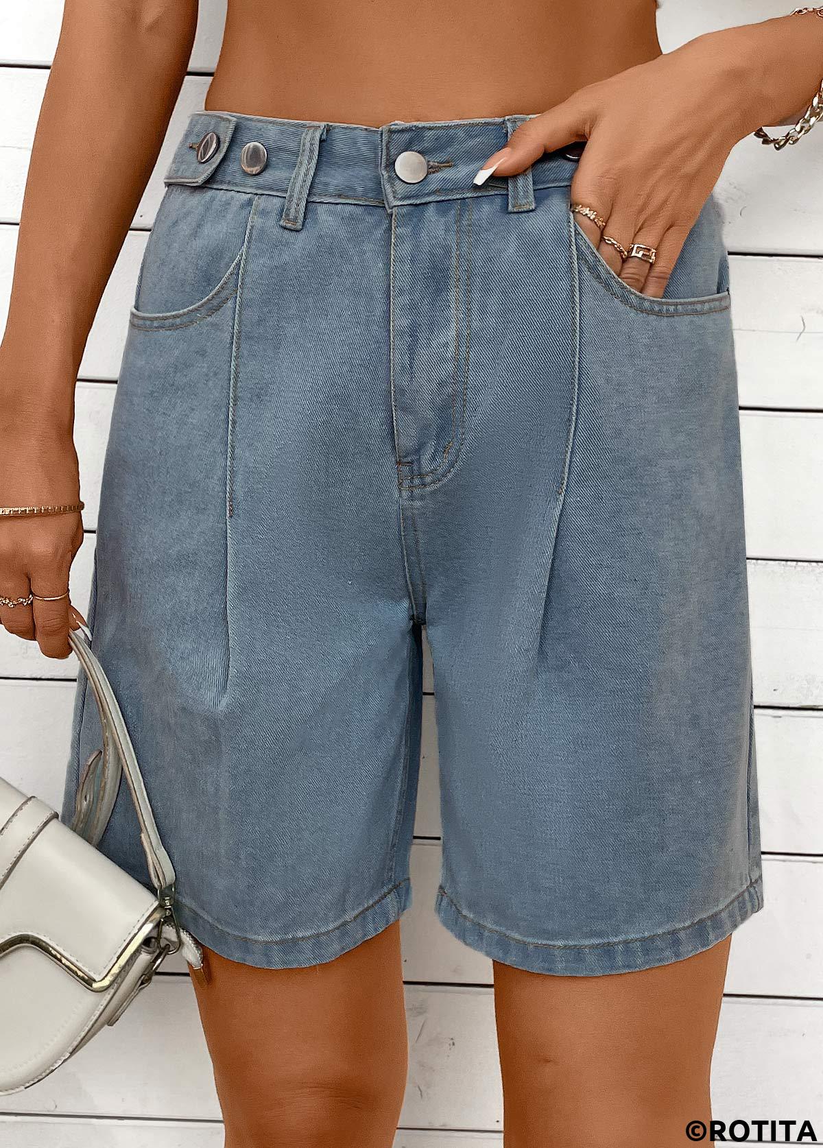 Denim Blue bottoms,Plain Color bottoms,Button Denim Blue Straight Leg High Waisted Shorts
