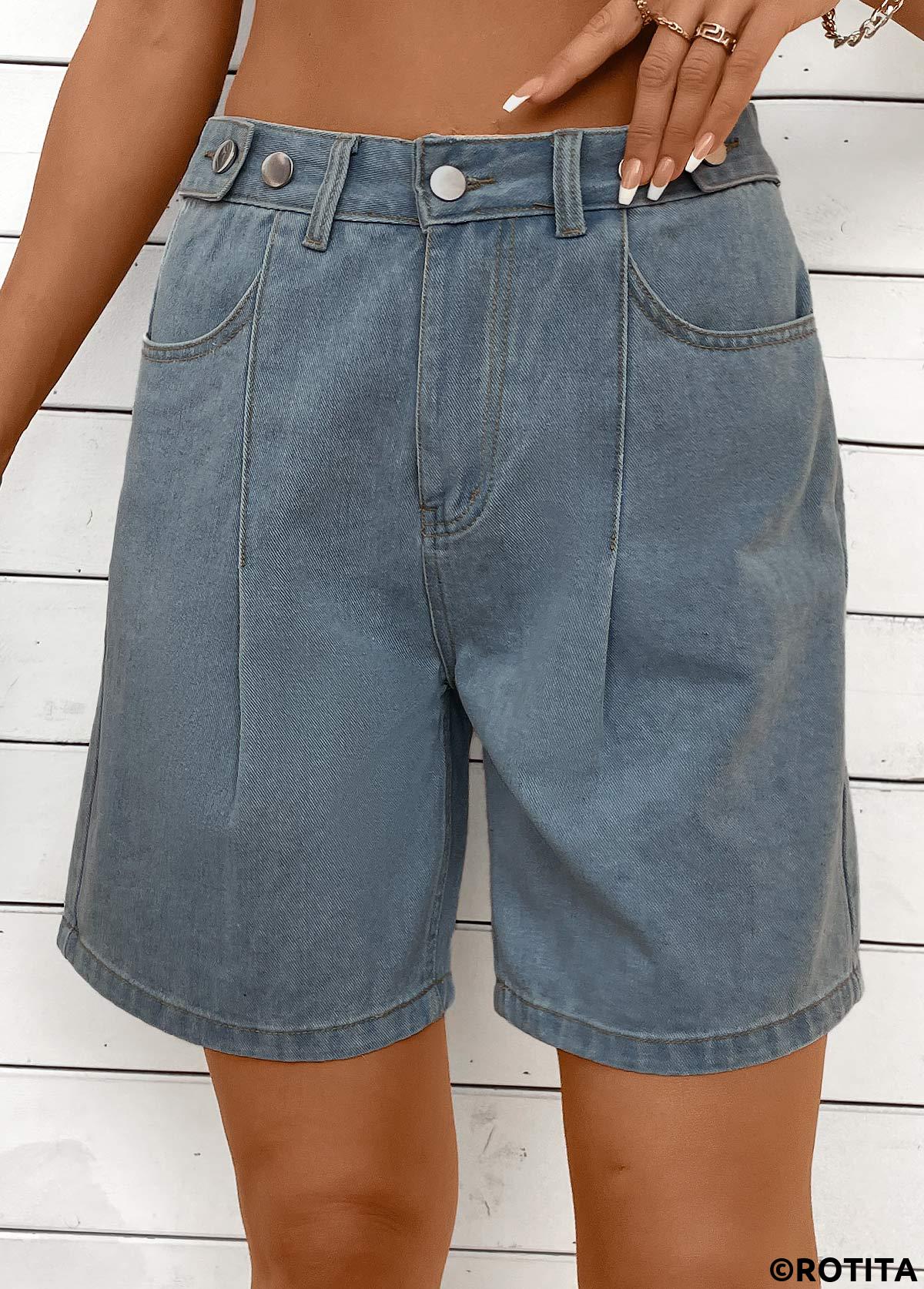 Denim Blue bottoms,Plain Color bottoms,Button Denim Blue Straight Leg High Waisted Shorts
