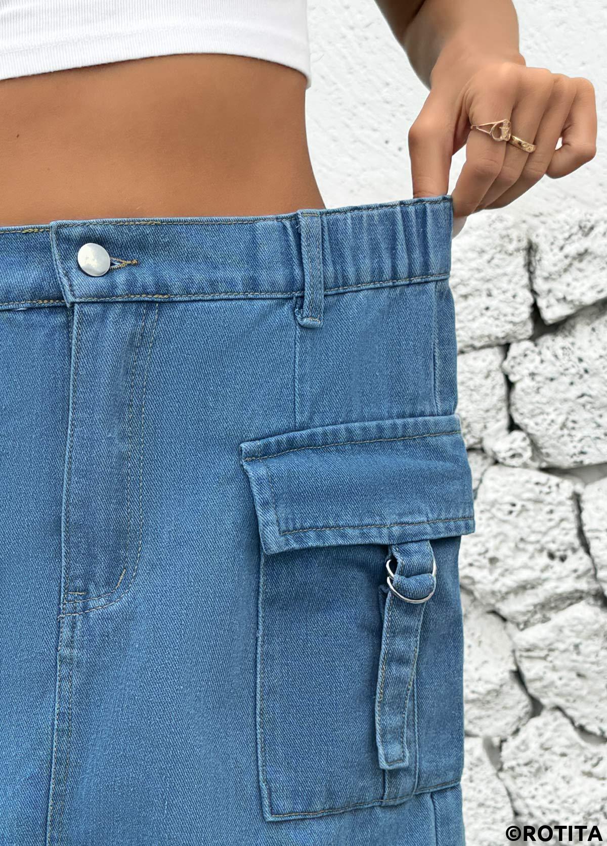Denim Blue bottoms,Plain Color bottoms,Button Denim Blue Short Shift Dress Skirt
