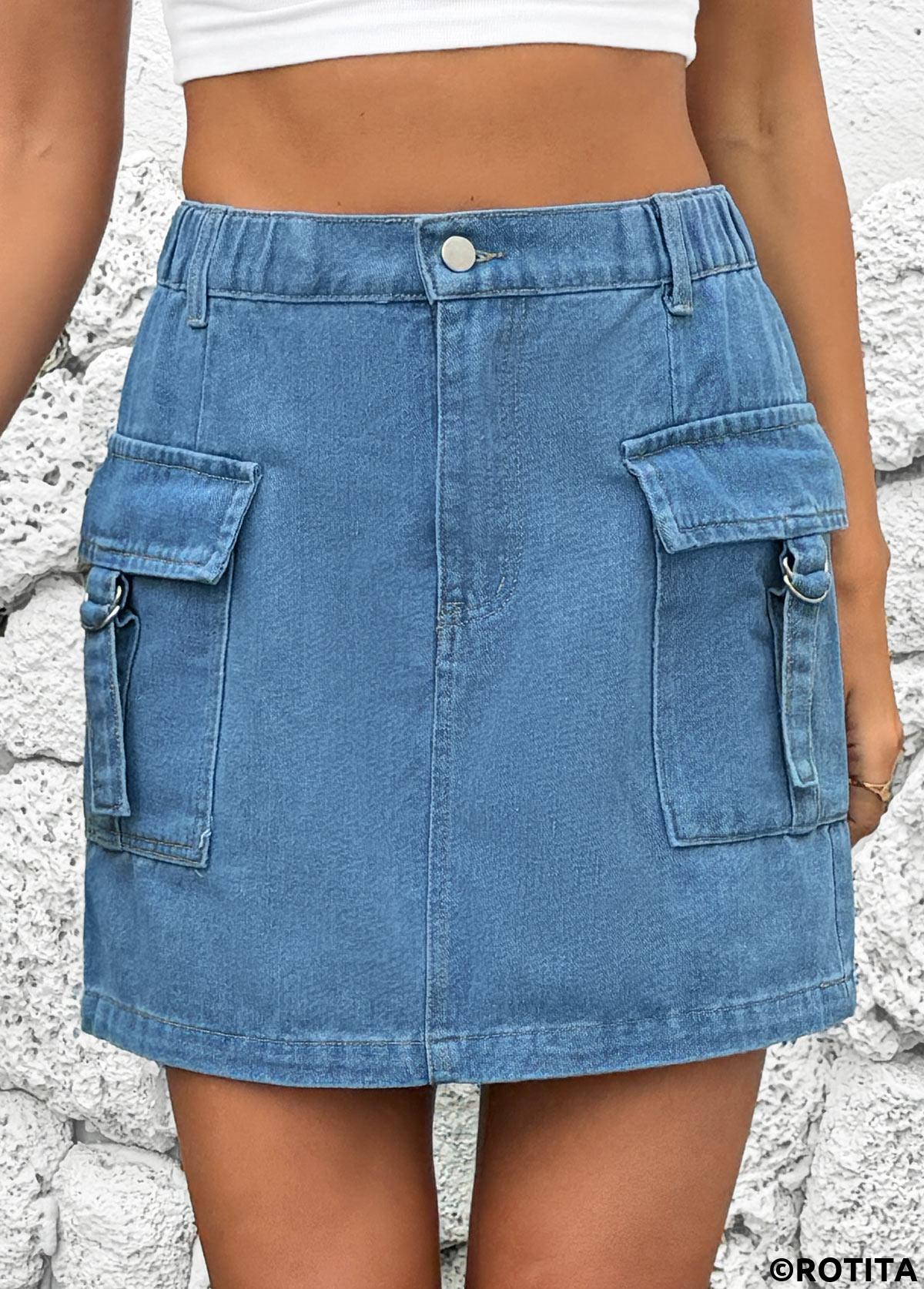 Denim Blue bottoms,Plain Color bottoms,Button Denim Blue Short Shift Dress Skirt