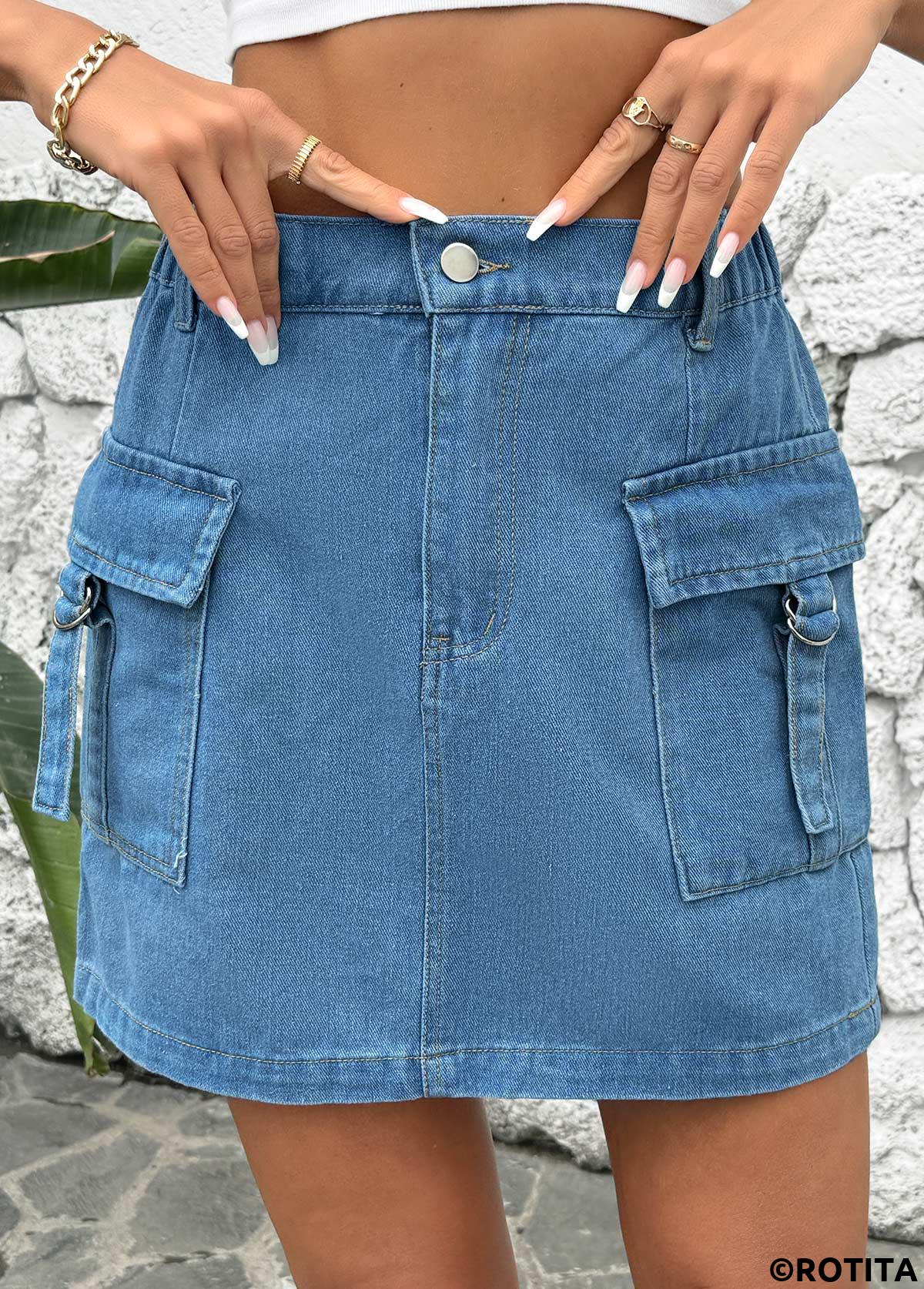 Denim Blue bottoms,Plain Color bottoms,Button Denim Blue Short Shift Dress Skirt