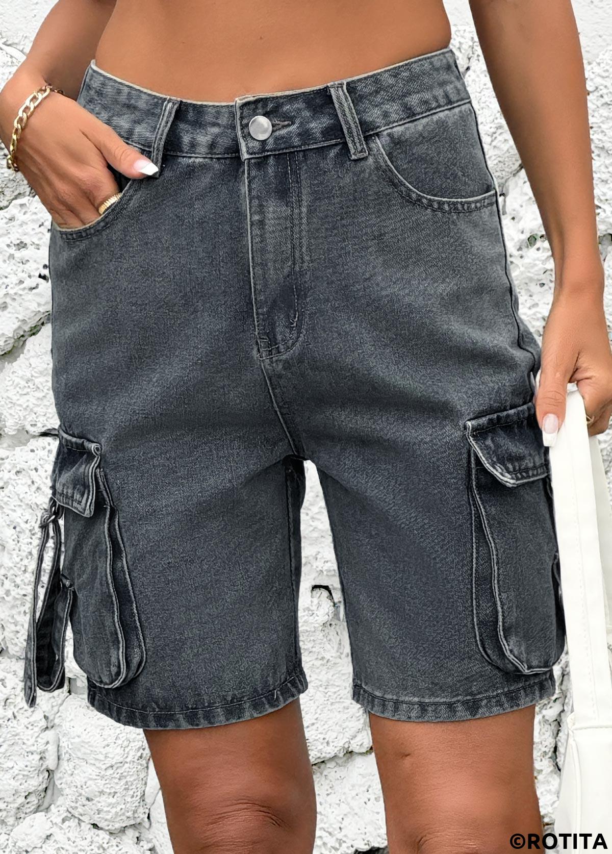 dunkelgrau melierte Jeansshorts mit hoher Taille und Knopfleiste