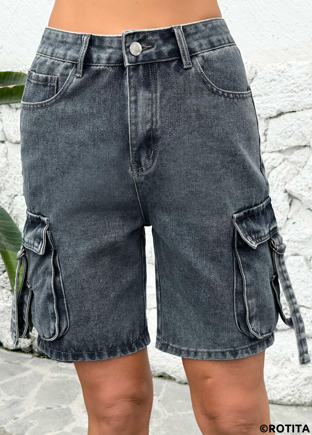 dunkelgrau melierte Jeansshorts mit hoher Taille und Knopfleiste