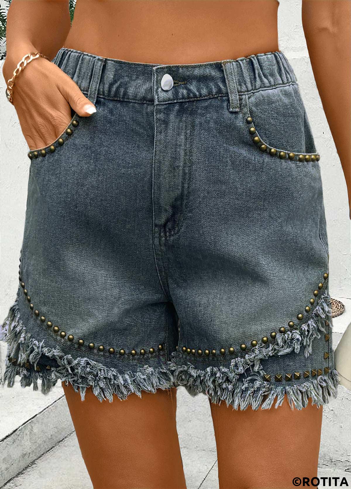 Denim Blue bottoms,Plain Color bottoms,Denim Blue Straight Leg High Waisted Button Fly Shorts