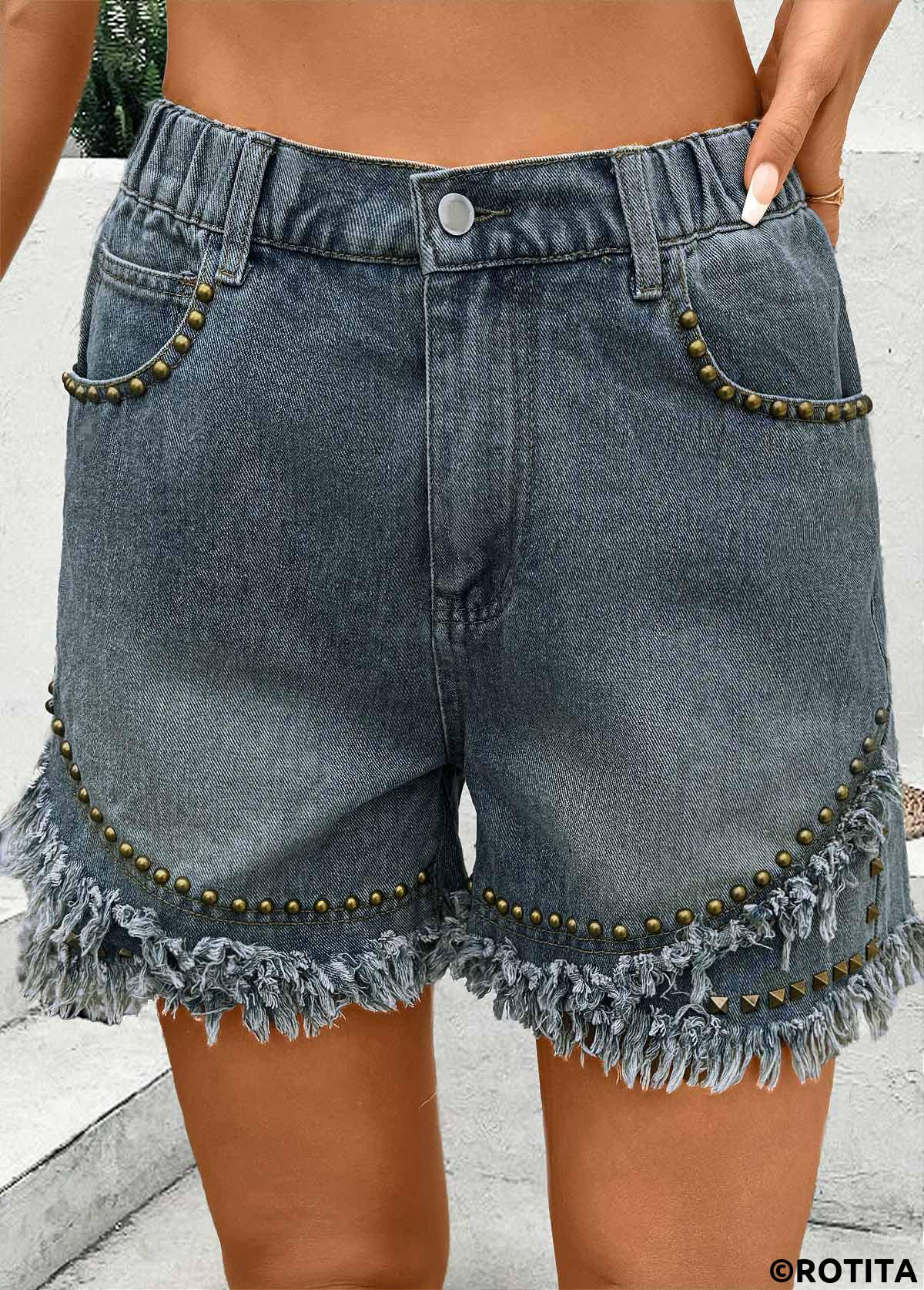 Denim Blue bottoms,Plain Color bottoms,Denim Blue Straight Leg High Waisted Button Fly Shorts
