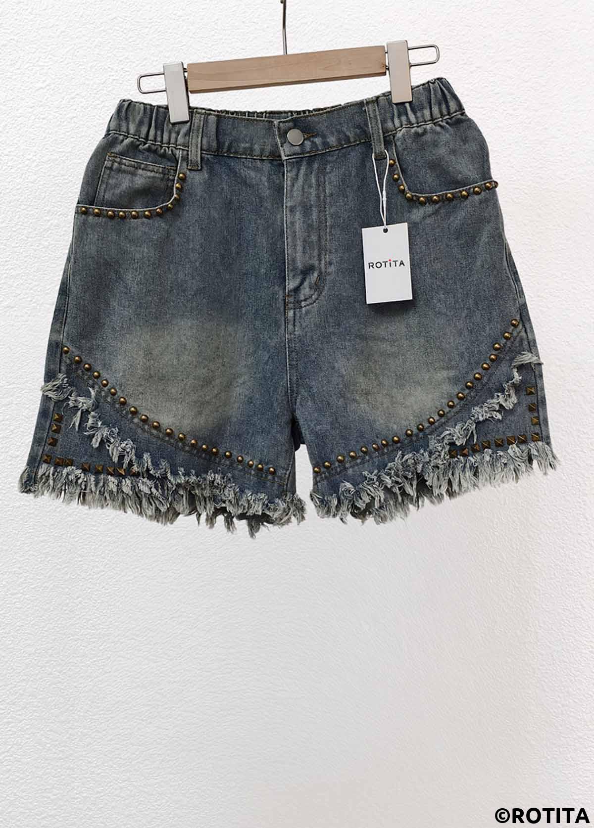 Denim Blue bottoms,Plain Color bottoms,Denim Blue Straight Leg High Waisted Button Fly Shorts