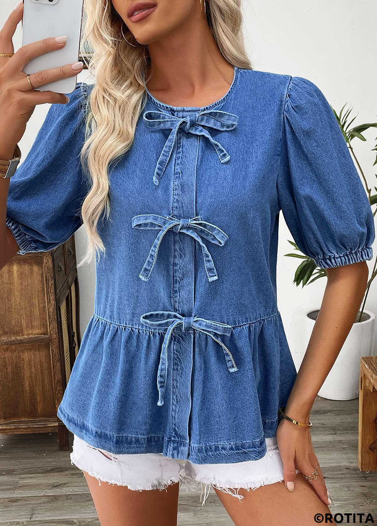 chemisier bleu denim à col rond et manches courtes