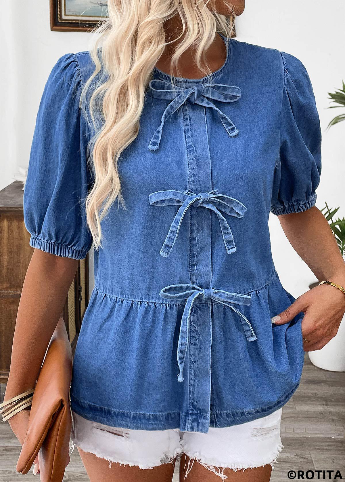 chemisier bleu denim à col rond et manches courtes