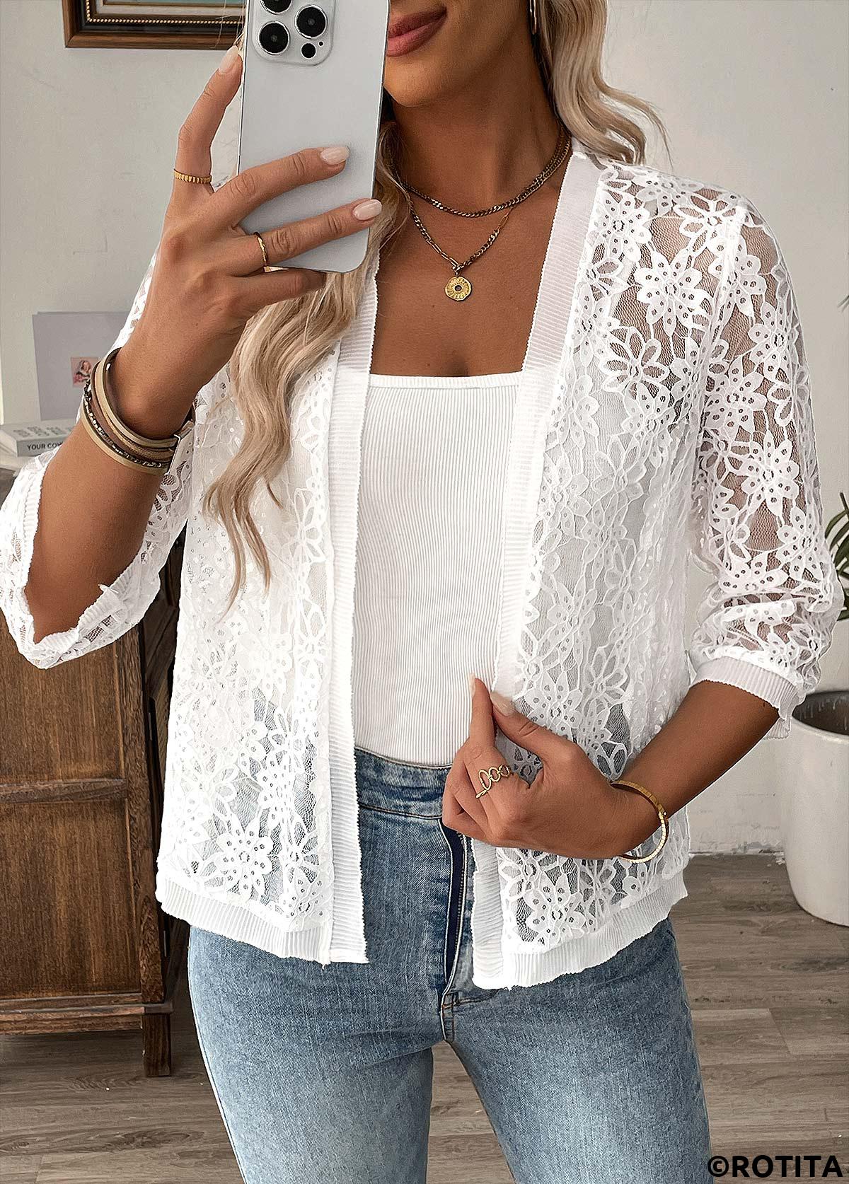 White tops,Plain Color tops,White Lace 3/4 Sleeve Light Cardigan