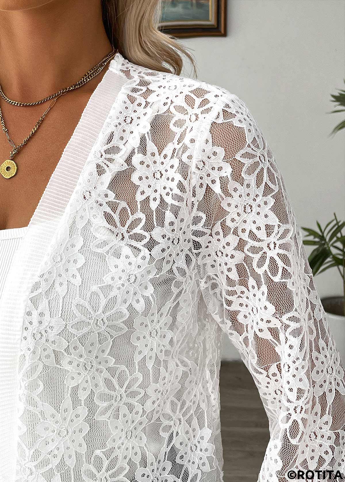 White tops,Plain Color tops,White Lace 3/4 Sleeve Light Cardigan