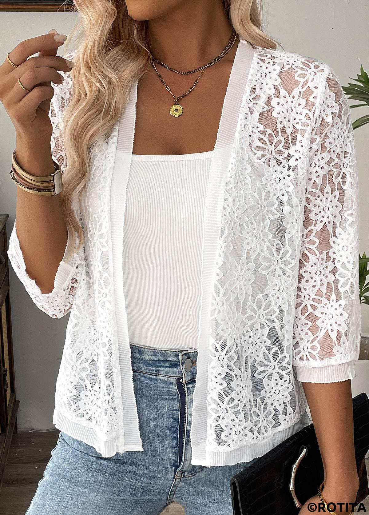 White tops,Plain Color tops,White Lace 3/4 Sleeve Light Cardigan