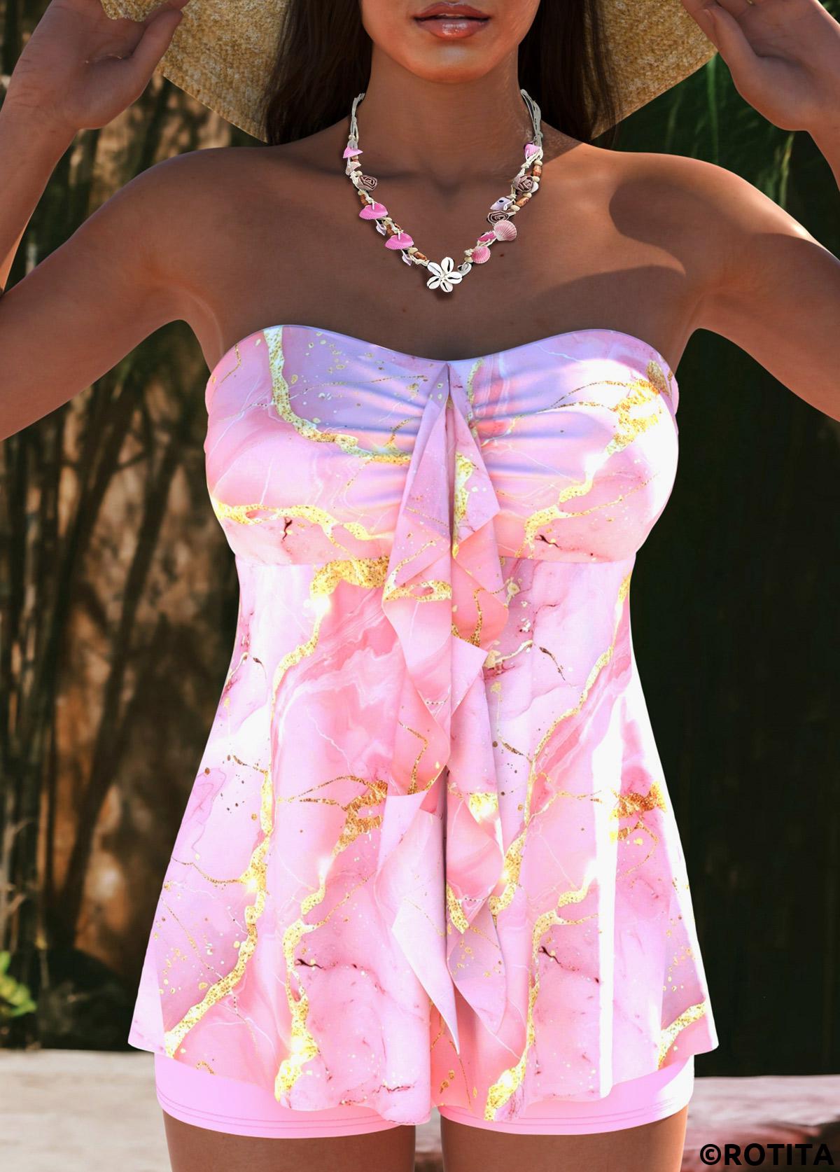 Pink swimwear,Marble swimwear,ROTITA Ruffle Pink Marble Print Mid Waisted Tankini Set