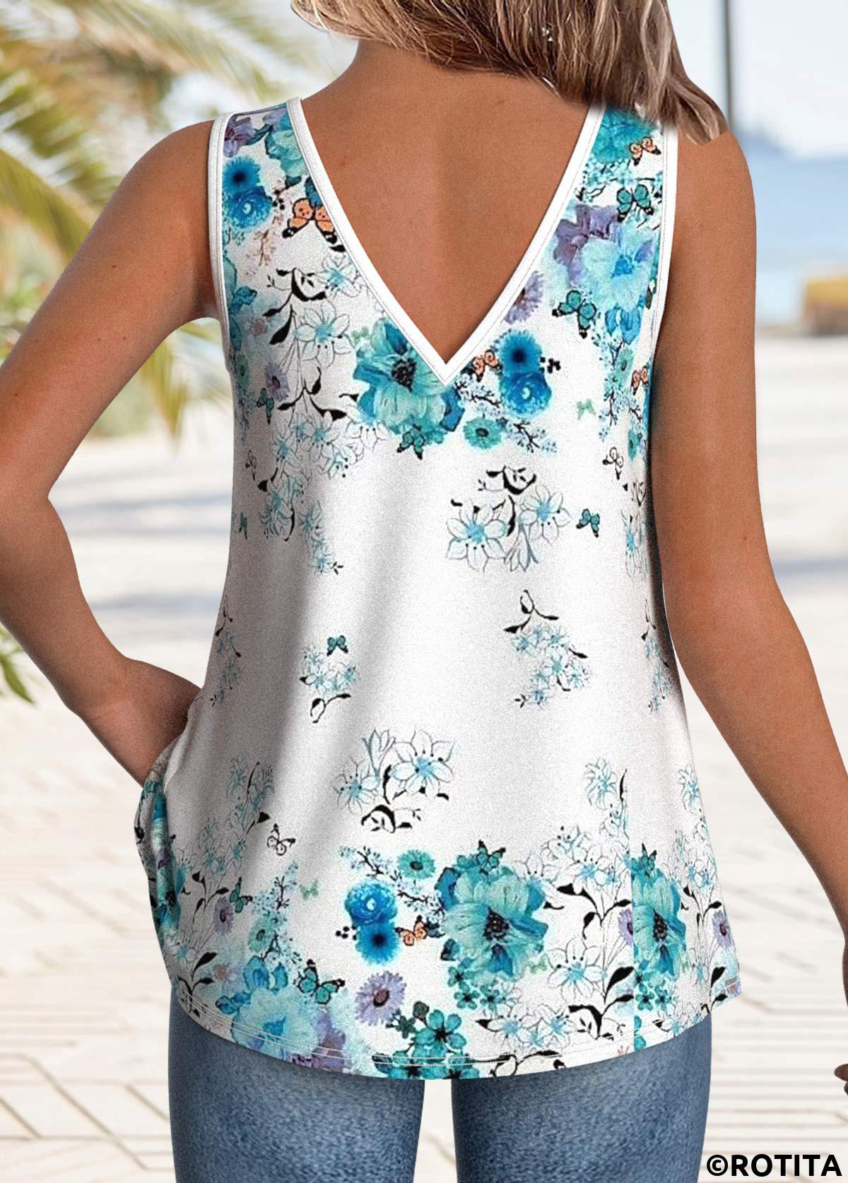 Light Blue tops,Floral tops,Plants tops,ROTITA Button Floral Print Light Blue V Neck Tank Top