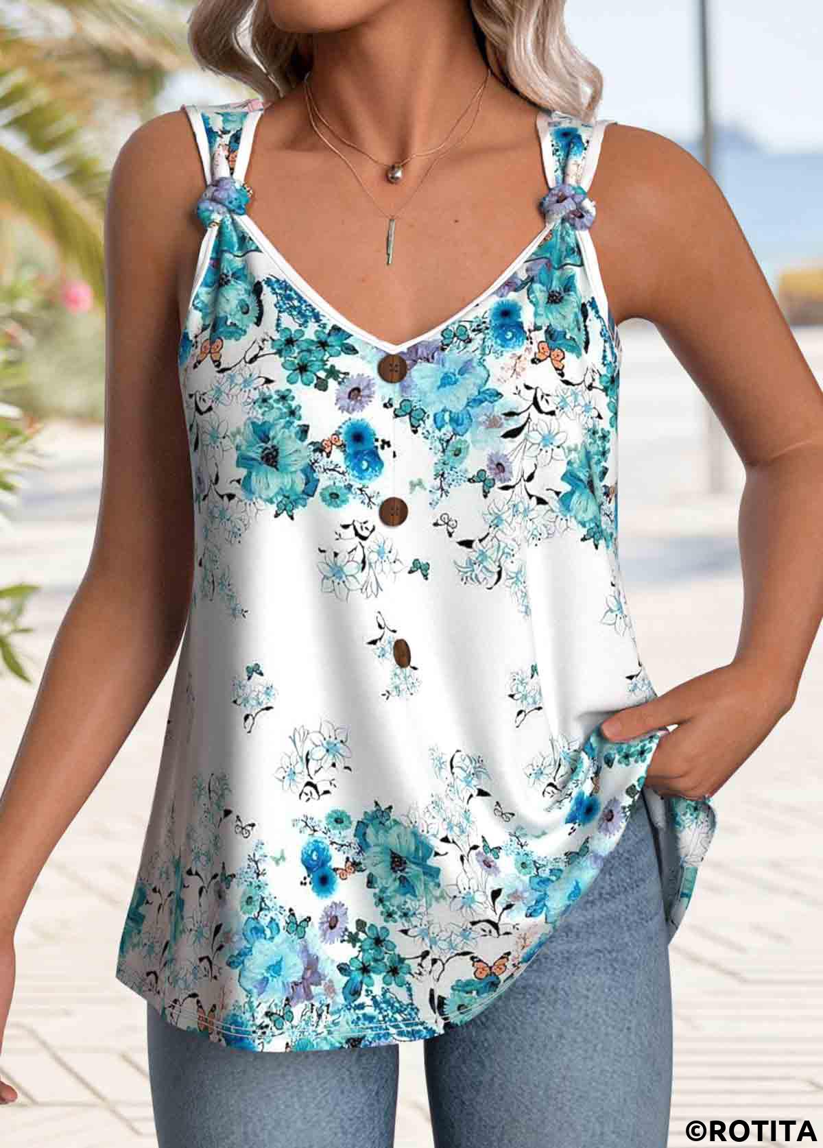 Light Blue tops,Floral tops,Plants tops,ROTITA Button Floral Print Light Blue V Neck Tank Top