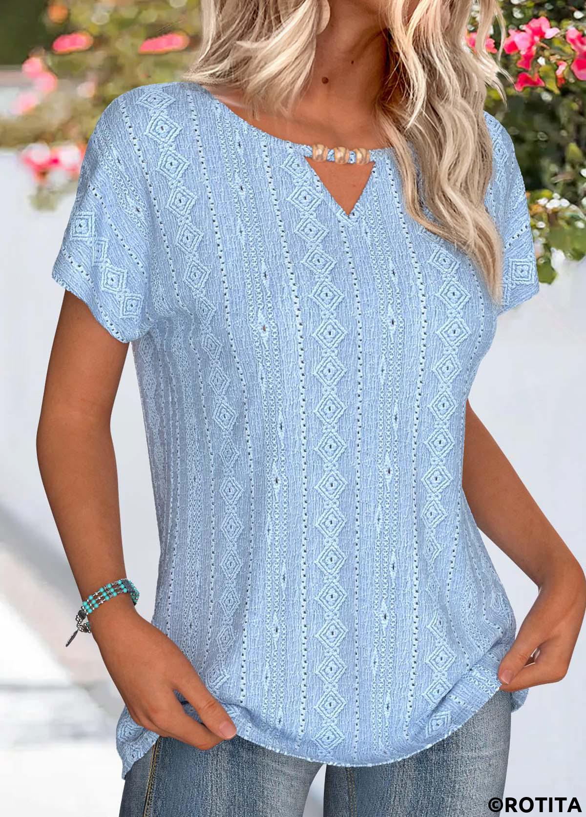 Light Blue tops,Plain Color tops,ROTITA Lace Light Blue Round Neck Short Sleeve T Shirt