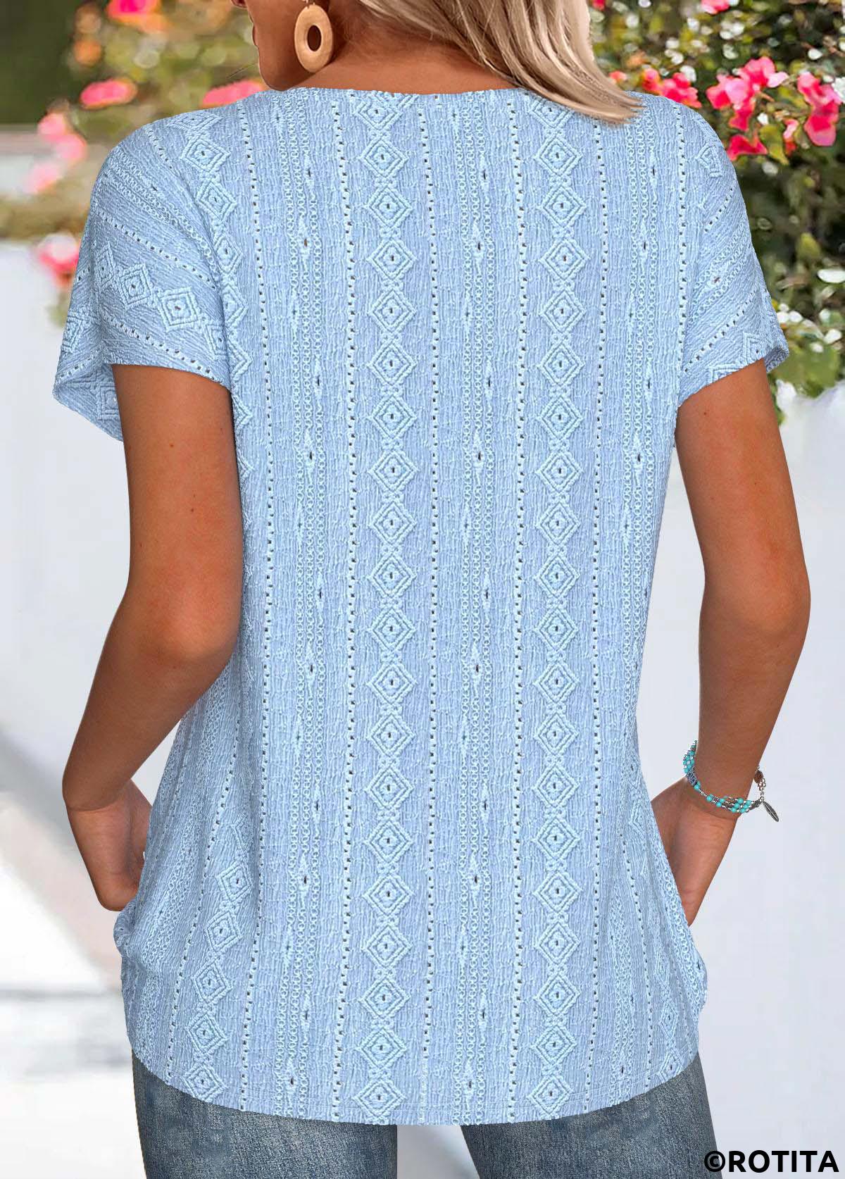 Light Blue tops,Plain Color tops,ROTITA Lace Light Blue Round Neck Short Sleeve T Shirt