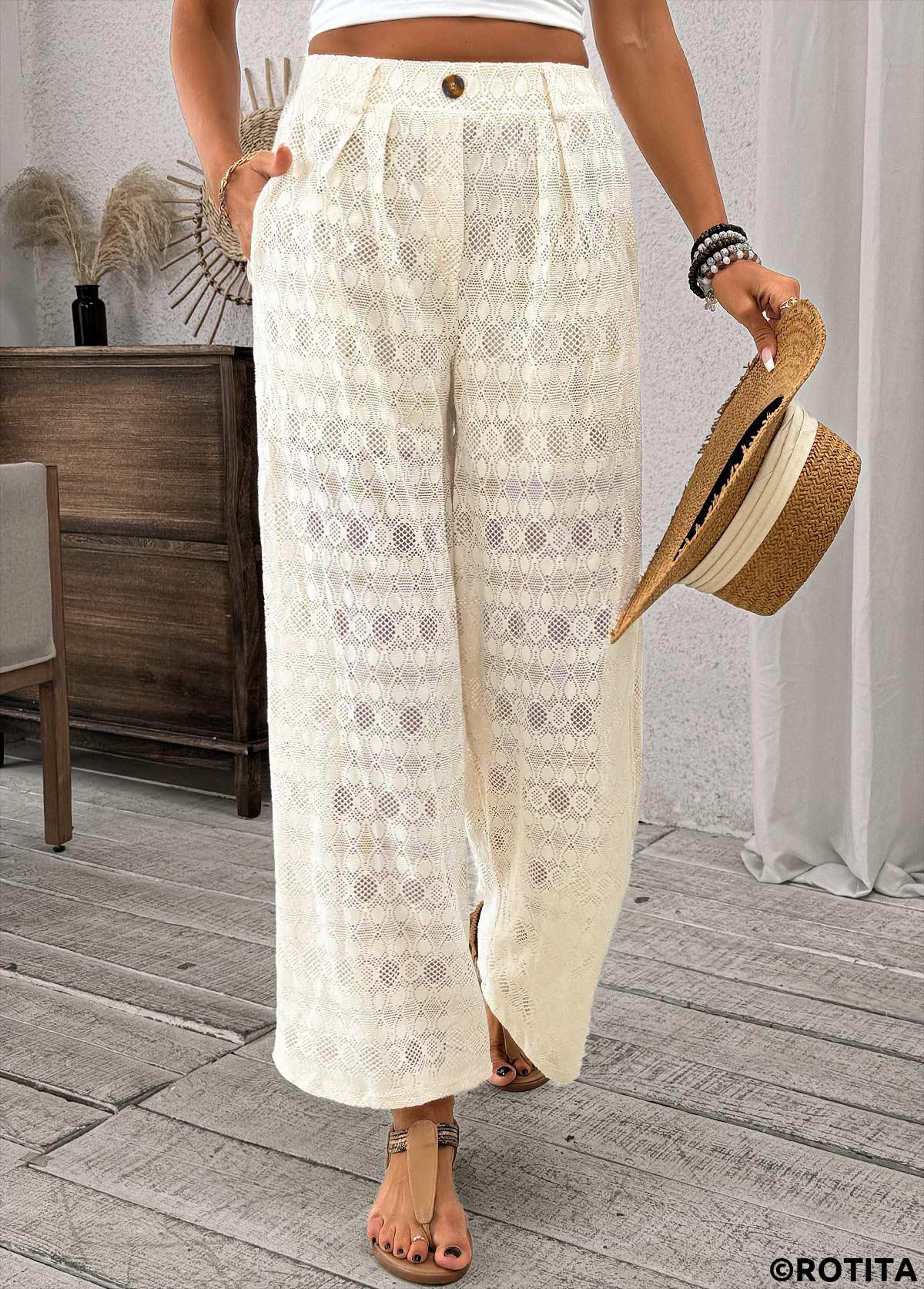 Beige bottoms,Plain Color bottoms,Wide Leg Beige Elastic Waist High Waisted Pants