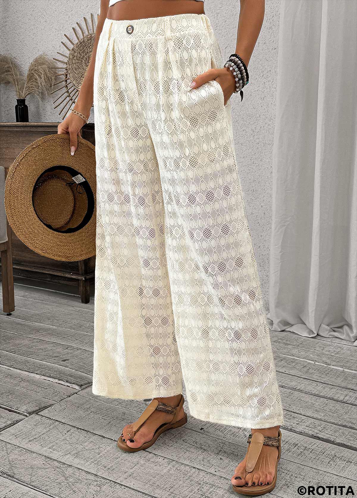 Beige bottoms,Plain Color bottoms,Wide Leg Beige Elastic Waist High Waisted Pants