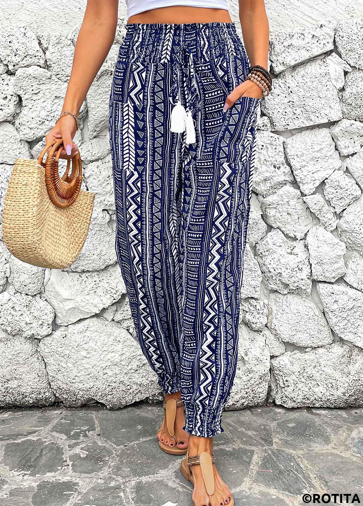 Navy bottoms,Geometric bottoms,Smocked Geometric Print Navy Jogger Elastic Waist Pants