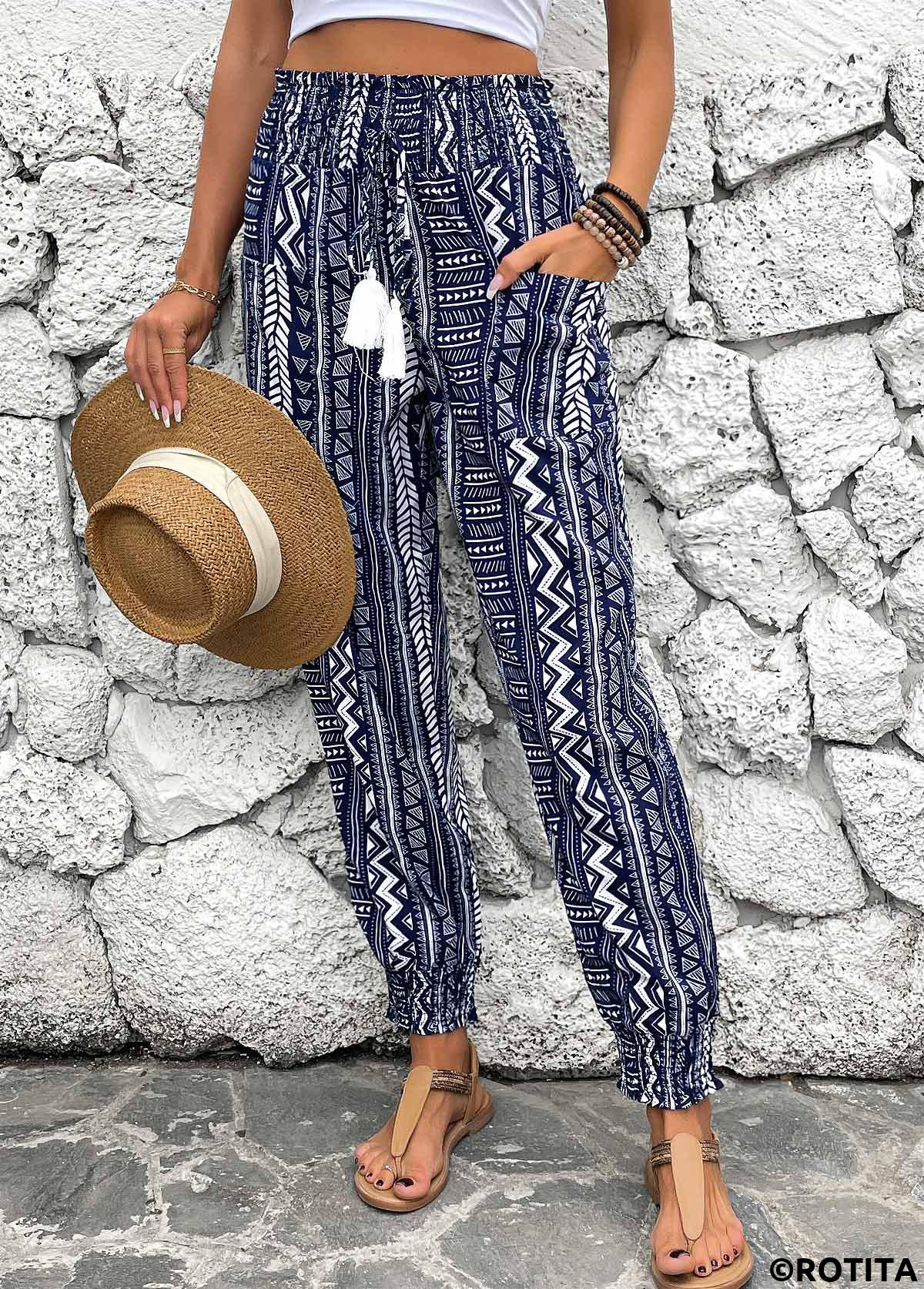 Navy bottoms,Geometric bottoms,Smocked Geometric Print Navy Jogger Elastic Waist Pants