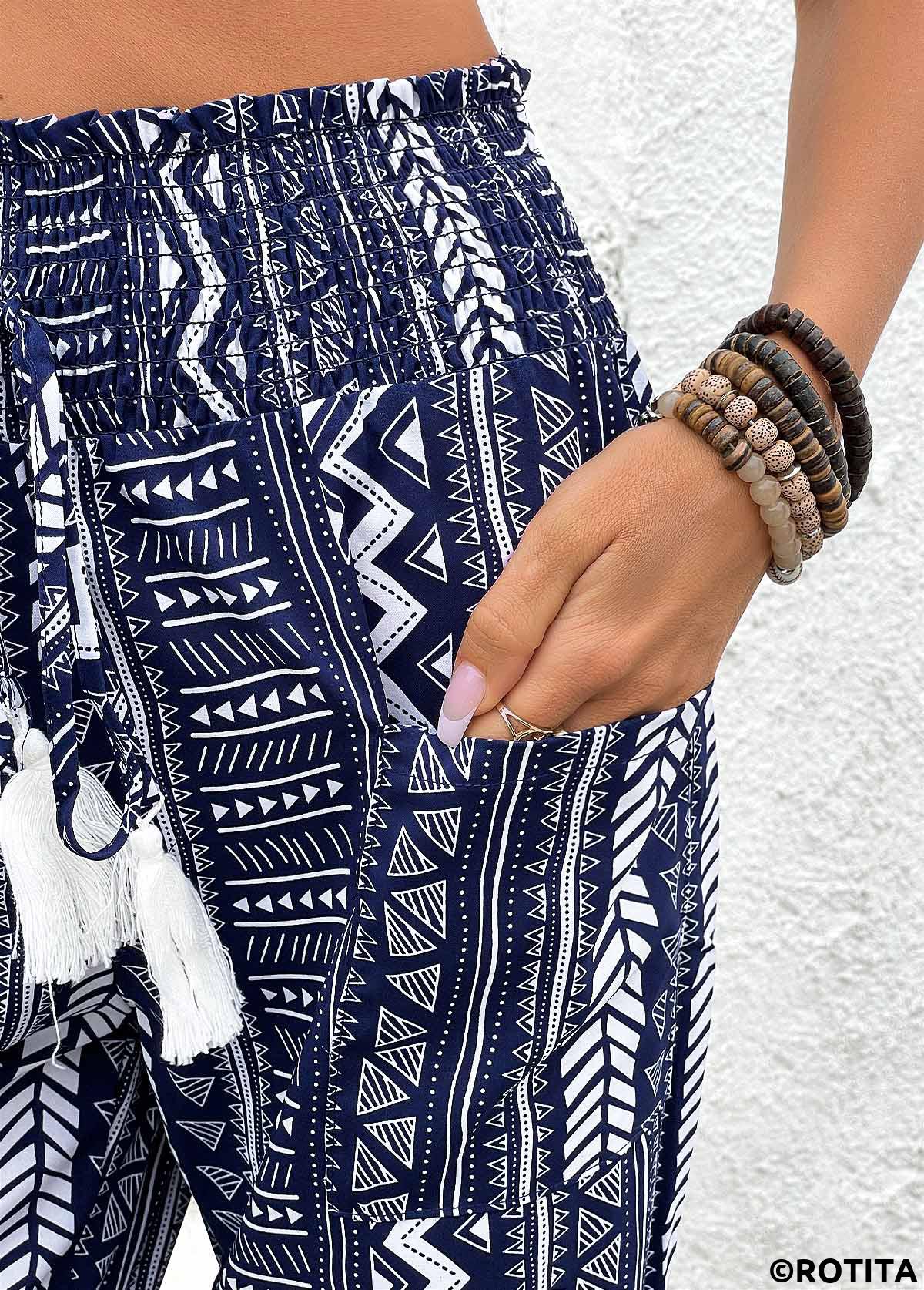 Navy bottoms,Geometric bottoms,Smocked Geometric Print Navy Jogger Elastic Waist Pants