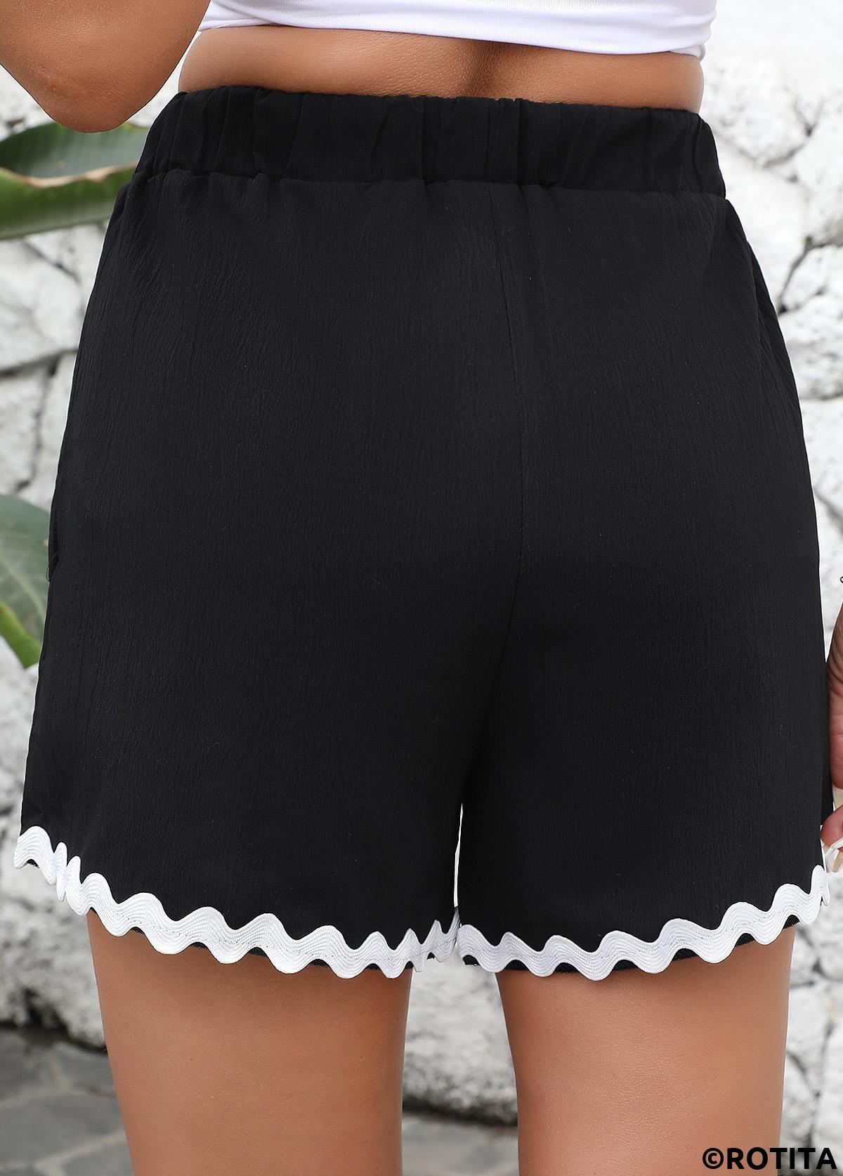 Black bottoms,Plain Color bottoms,Black Straight Leg Elastic Waist High Waisted Shorts